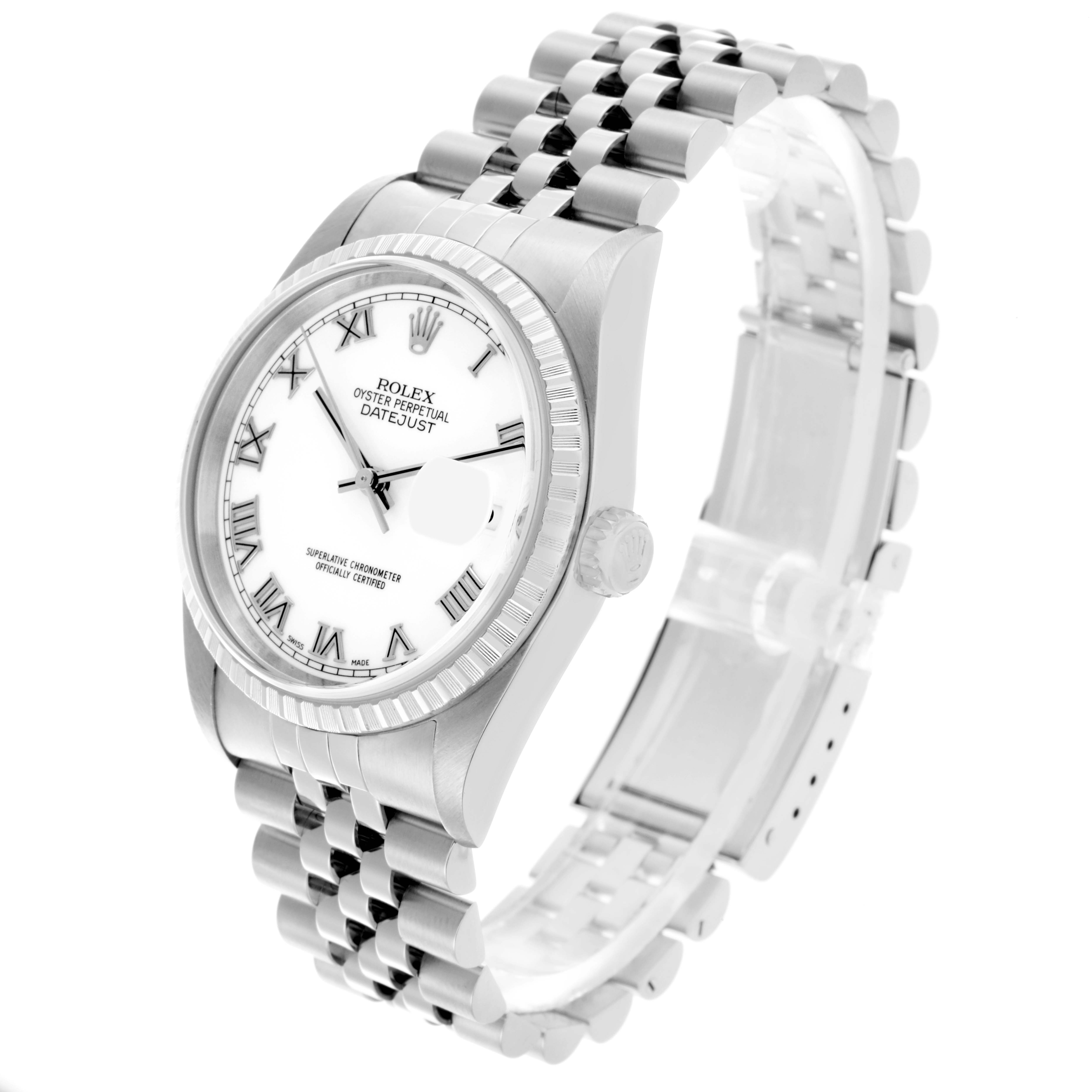 The Rolex Datejust 16220 Men
s Stainless Steel White Dial 16220 Men
s Stainless Steel White Dial watch is shown at a three-quarter angle, displaying the face, bezel, and bracelet.