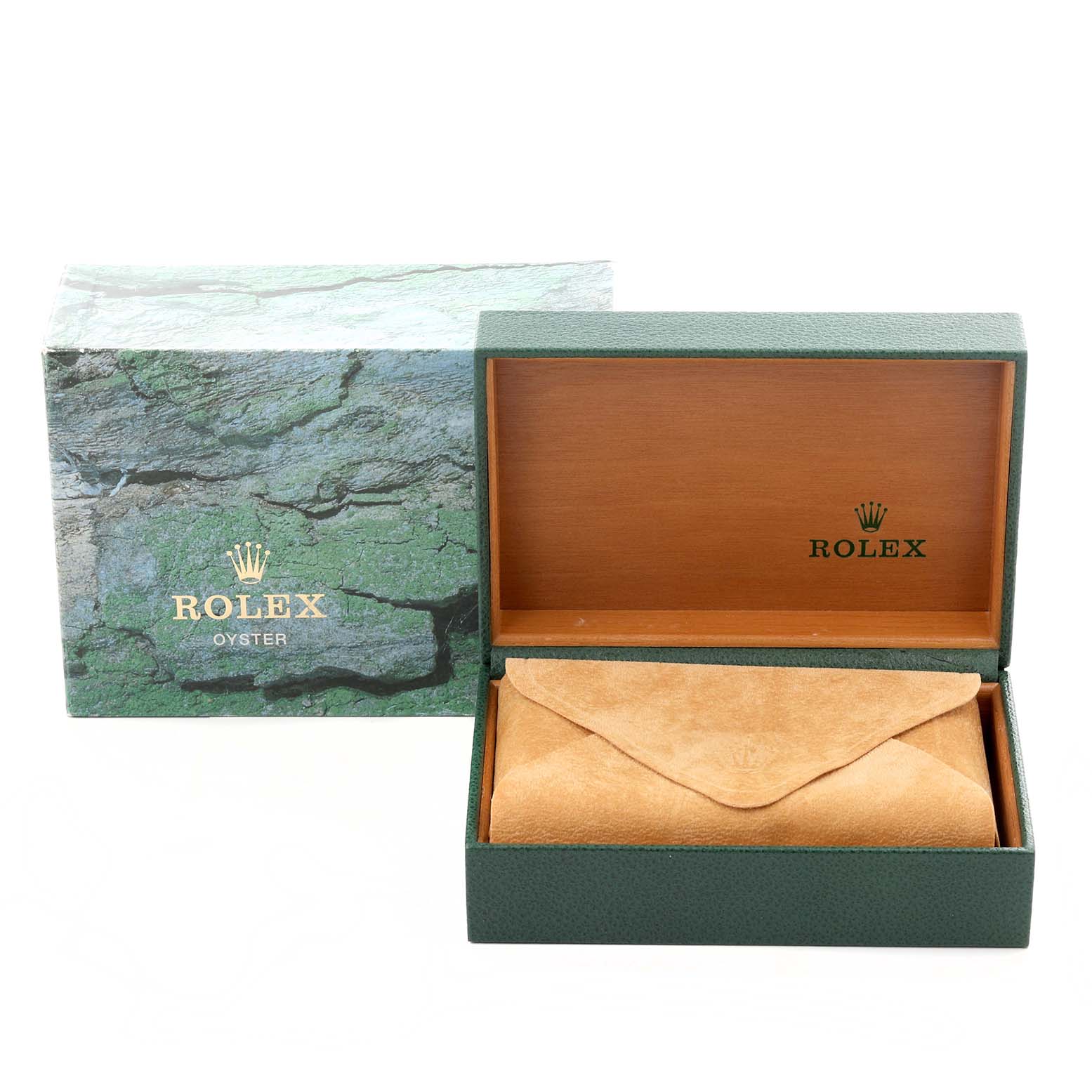 The image shows a Rolex Datejust 16220 Men
s Stainless Steel White Dial 16220 Men
s Stainless Steel White Dial watch box and outer packaging from the top angle.