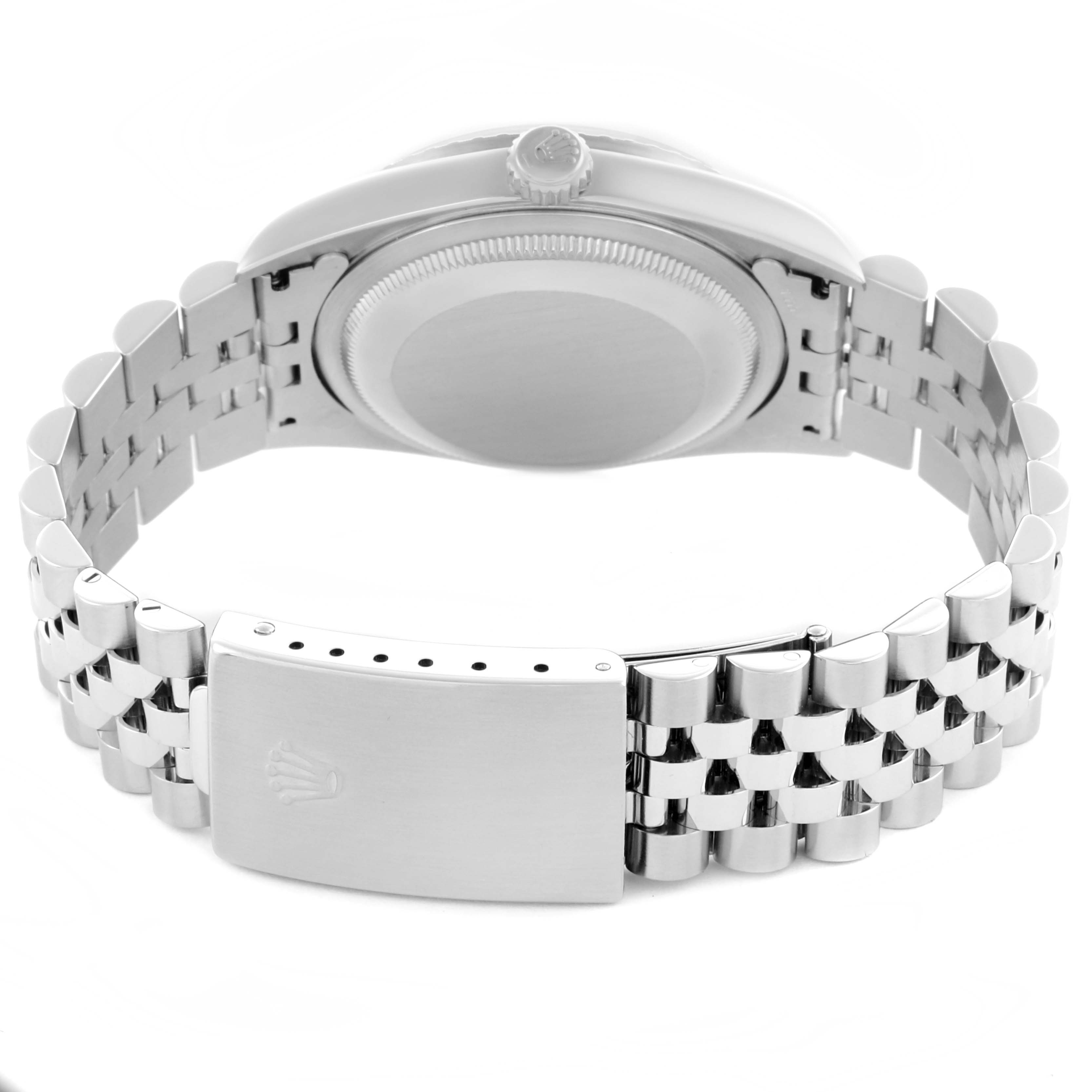 The image shows a rear view of a Rolex Datejust 16220 Men
s Stainless Steel White Dial 16220 Men
s Stainless Steel White Dial watch, highlighting the case back, crown, and Jubilee bracelet with clasp.