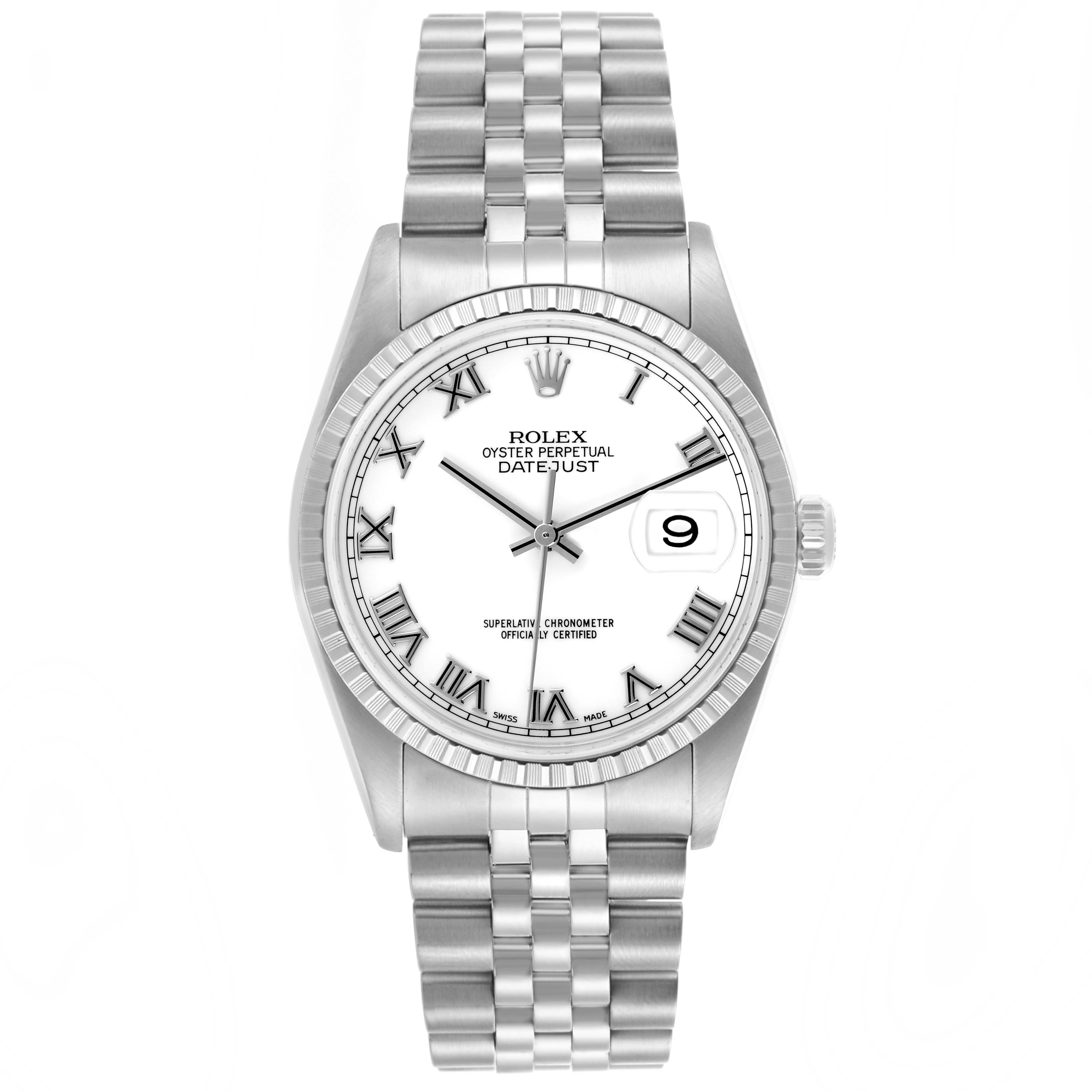 The Rolex Datejust 16220 Men
s Stainless Steel White Dial 16220 Men
s Stainless Steel White Dial watch is shown from a front angle, highlighting the dial, bezel, bracelet, and date magnifier.