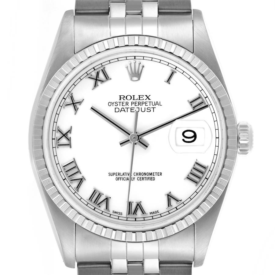 The Rolex Datejust watch is shown from a front angle, highlighting the dial, bezel, and part of the bracelet.