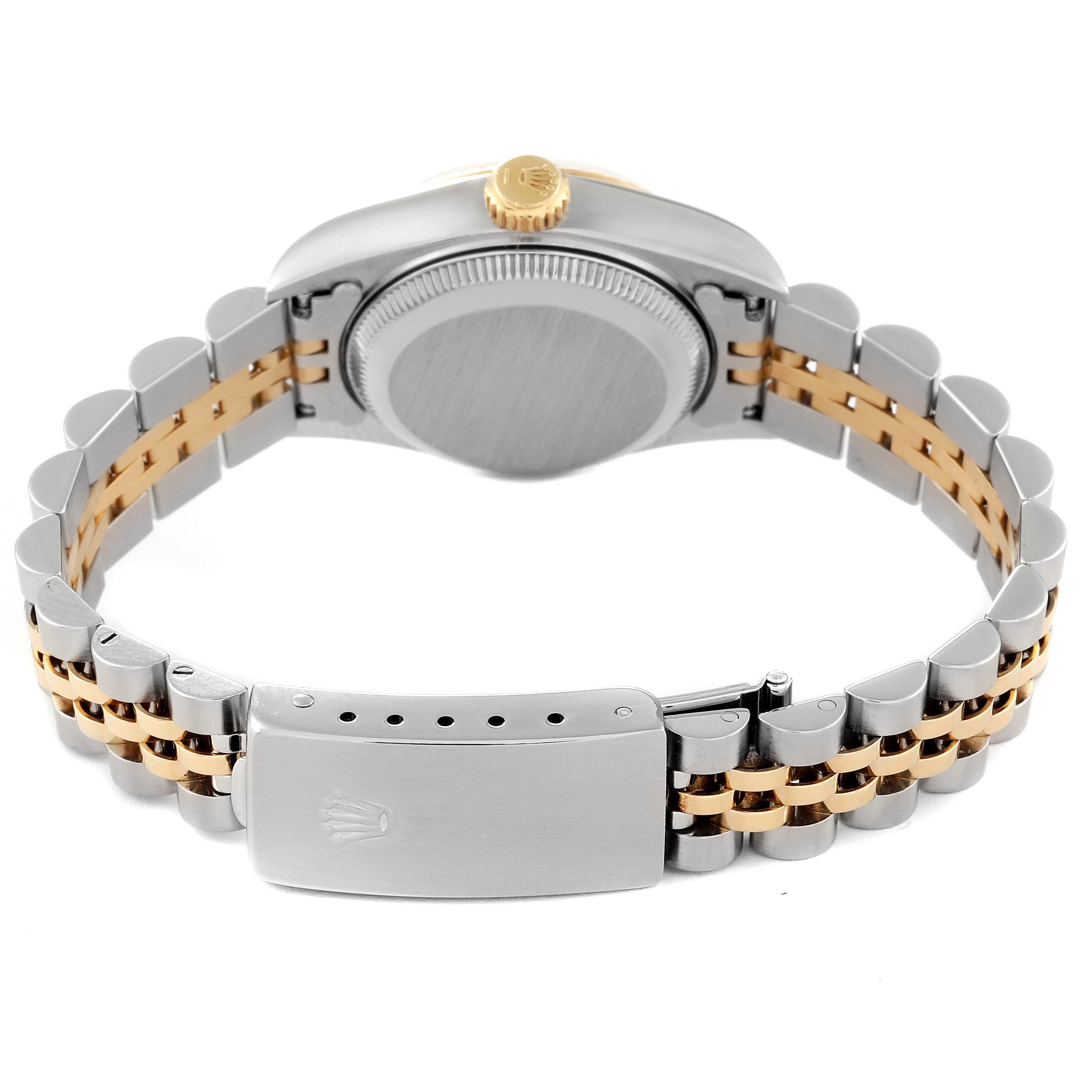 The image shows the back view of a Rolex Datejust 69173 Women's Steel and Gold (two tone) White Dial 69173 Women's Steel and Gold (two tone) White Dial watch, highlighting its two-tone bracelet and clasp.