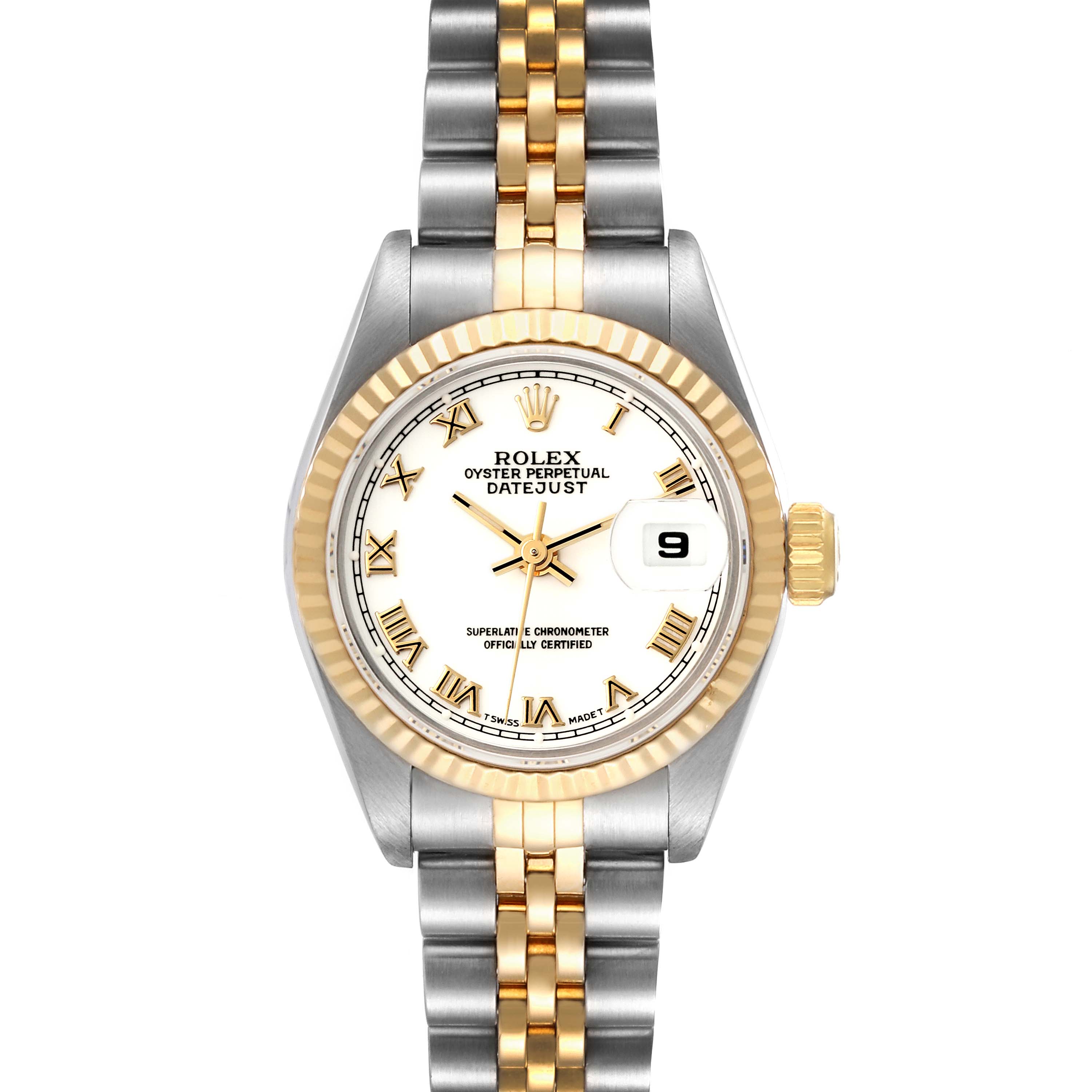 This image shows a Rolex Datejust 69173 Women's Steel and Gold (two tone) White Dial 69173 Women's Steel and Gold (two tone) White Dial watch from the front, highlighting its dial, bezel, and bracelet.