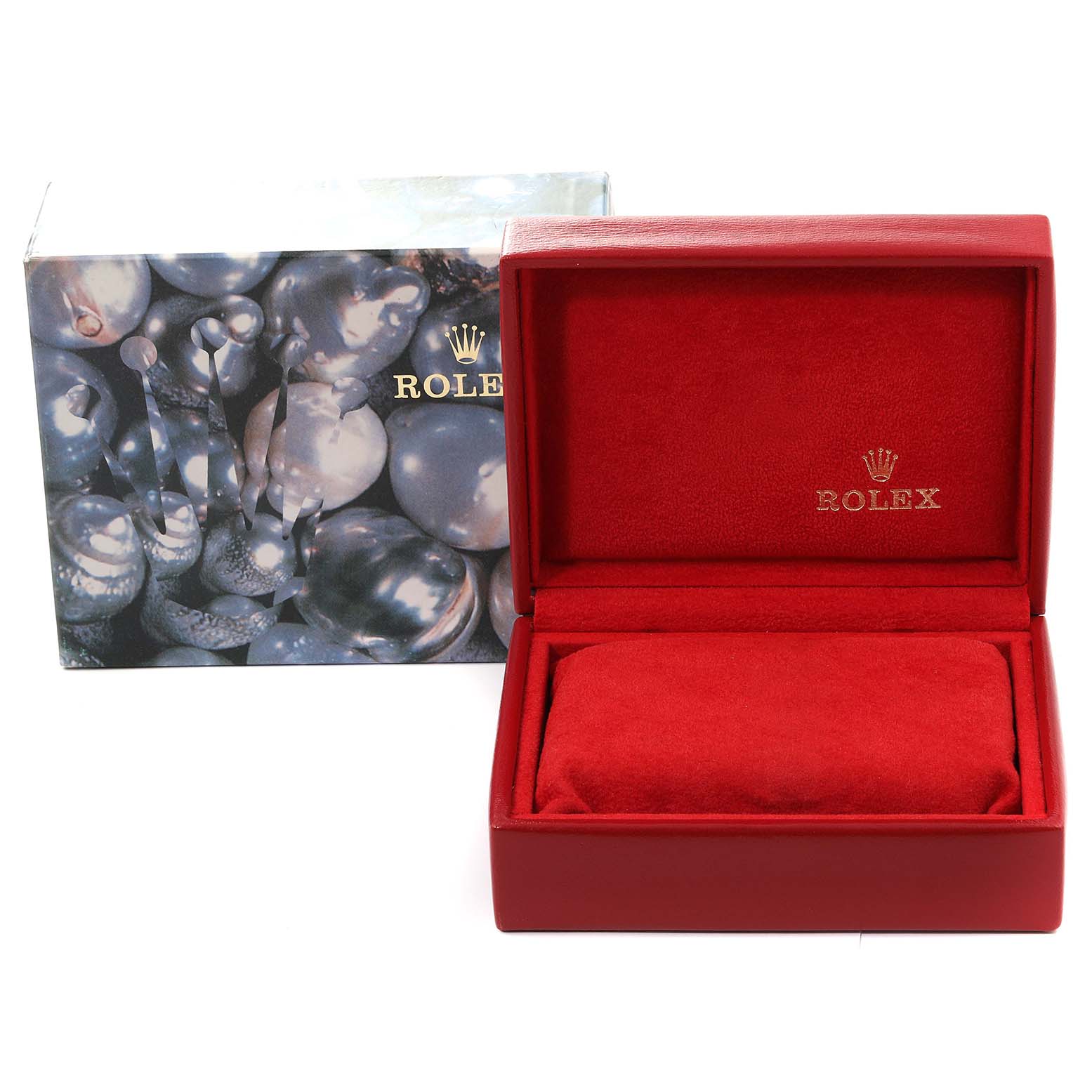 The image shows a Rolex Datejust 69173 Women's Steel and Gold (two tone) White Dial 69173 Women's Steel and Gold (two tone) White Dial watch box and its outer packaging with a red interior.