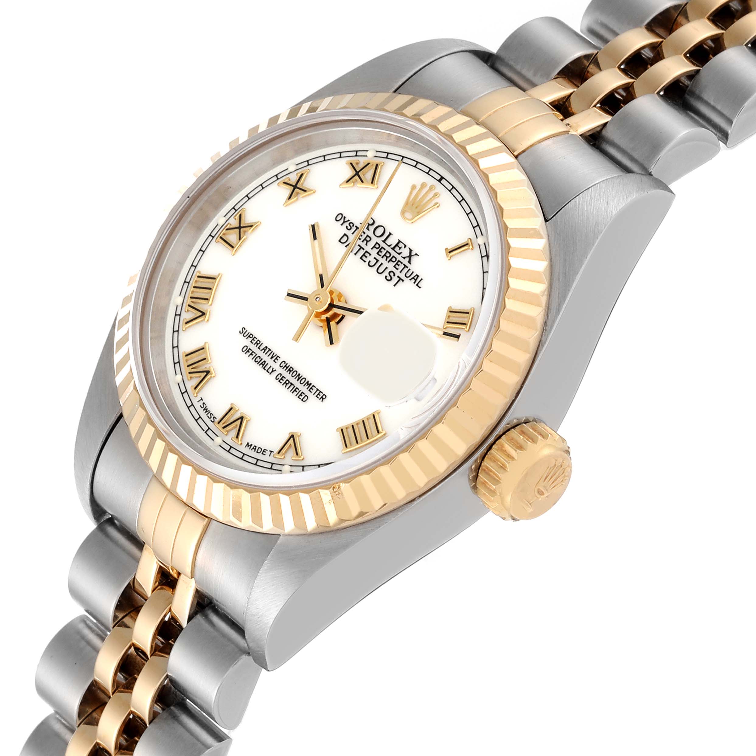 The image shows a close-up of a Rolex Datejust 69173 Women's Steel and Gold (two tone) White Dial 69173 Women's Steel and Gold (two tone) White Dial watch at an angle, highlighting its face, bezel, and part of the bracelet.