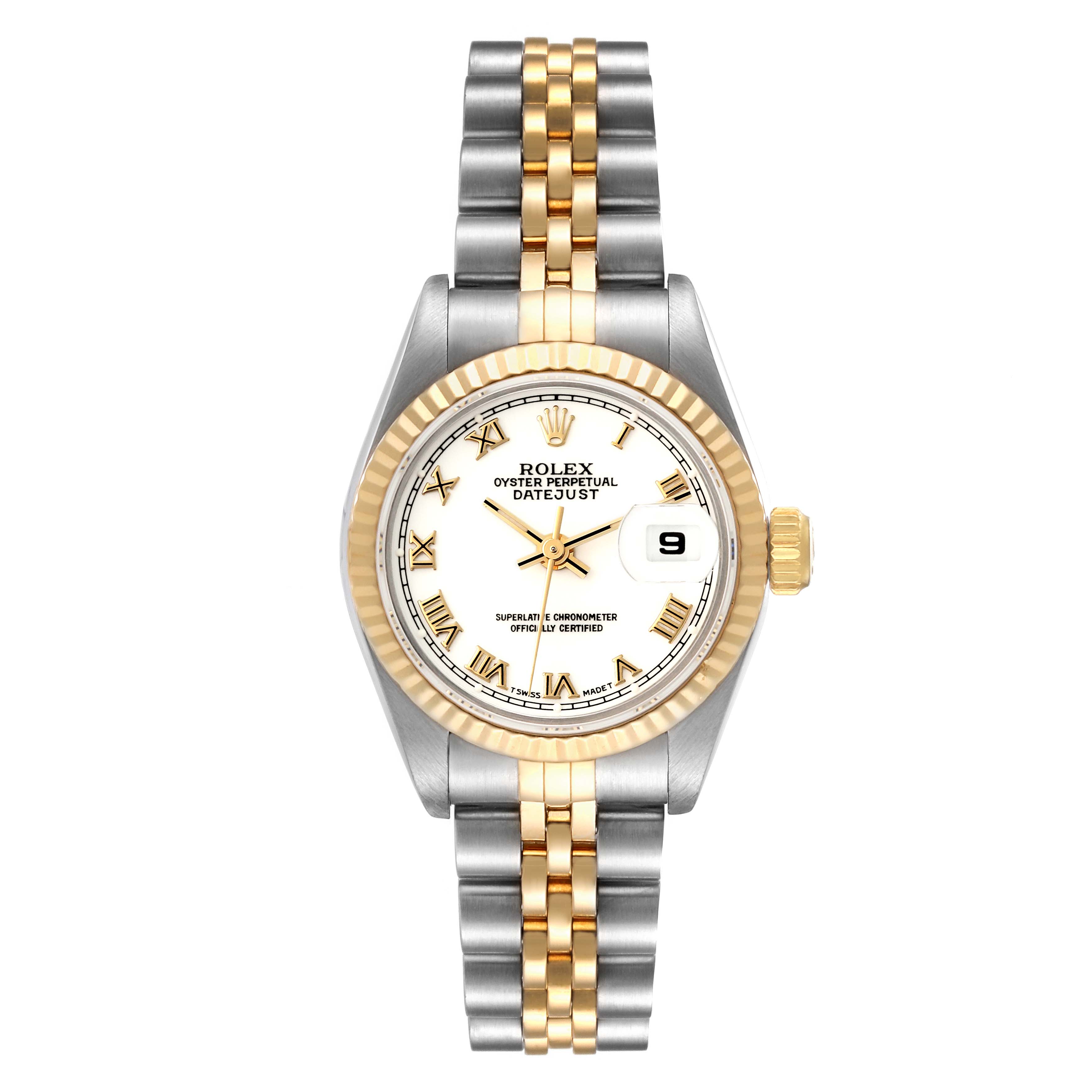 This image shows a front view of the Rolex Datejust 69173 Women's Steel and Gold (two tone) White Dial 69173 Women's Steel and Gold (two tone) White Dial model, displaying the dial, bezel, and two-tone bracelet.