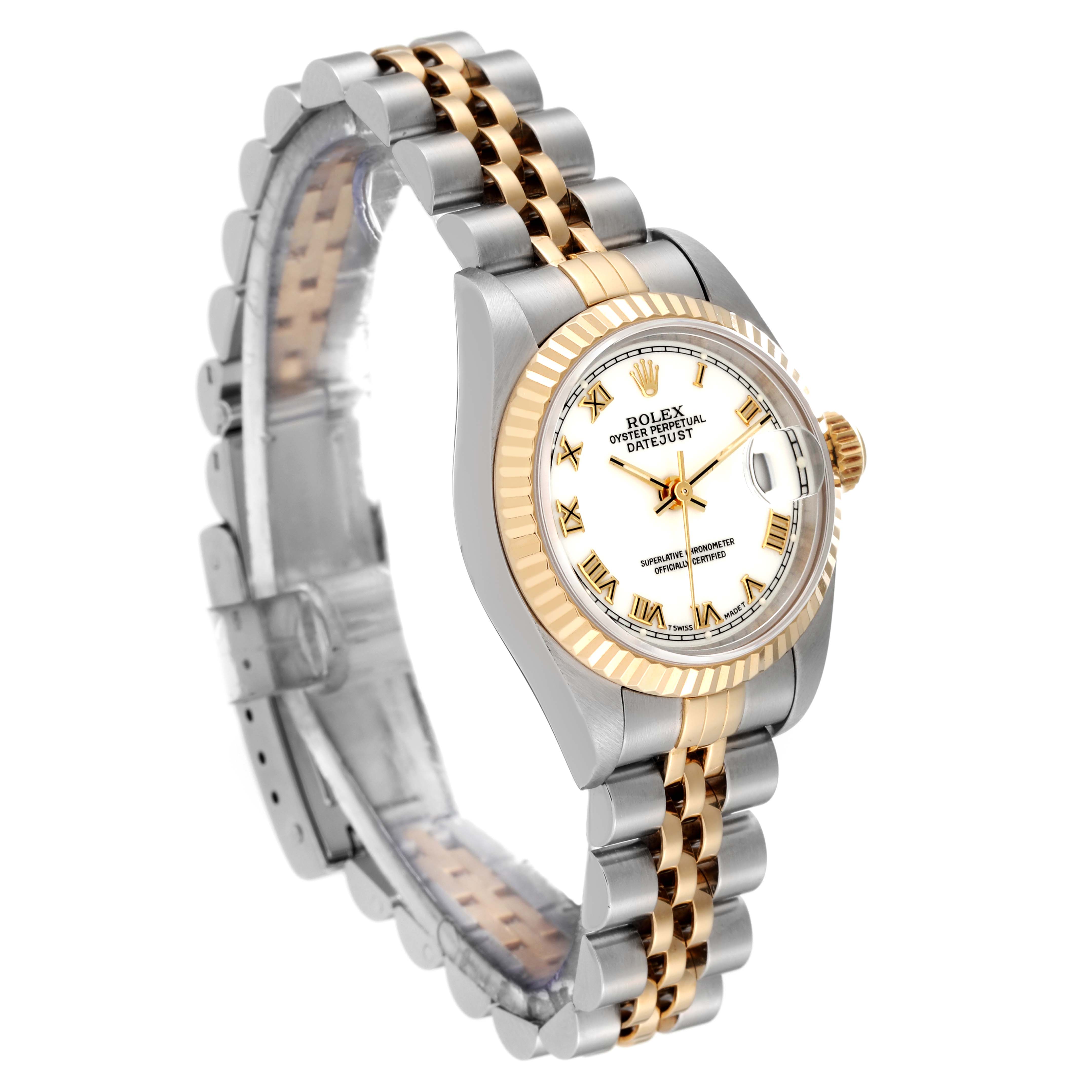 This image shows a Rolex Datejust 69173 Women's Steel and Gold (two tone) White Dial 69173 Women's Steel and Gold (two tone) White Dial watch at an oblique angle, highlighting the dial, bezel, and two-tone bracelet.