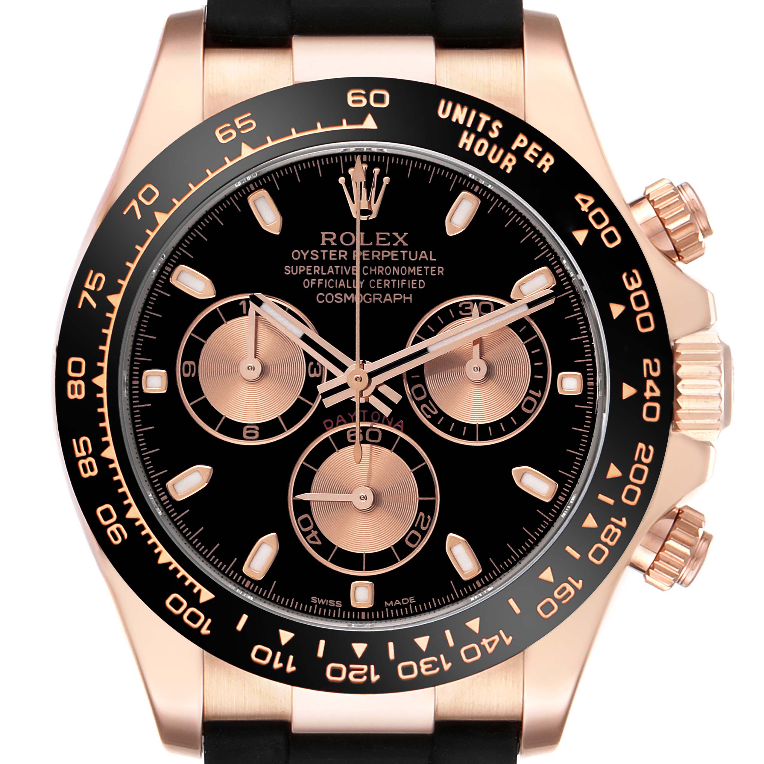 The Rolex Daytona 116515LN Men's Rose Gold Black Dial 116515LN Men's Rose Gold Black Dial watch is shown from the front, highlighting the bezel, sub-dials, crown, and pushers.