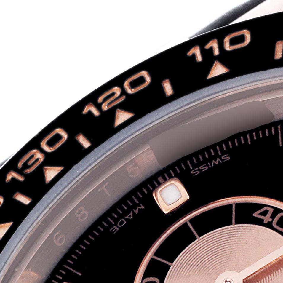 The image shows a close-up of the bezel and part of the dial on a Rolex Daytona 116515LN Men's Rose Gold Black Dial 116515LN Men's Rose Gold Black Dial watch.