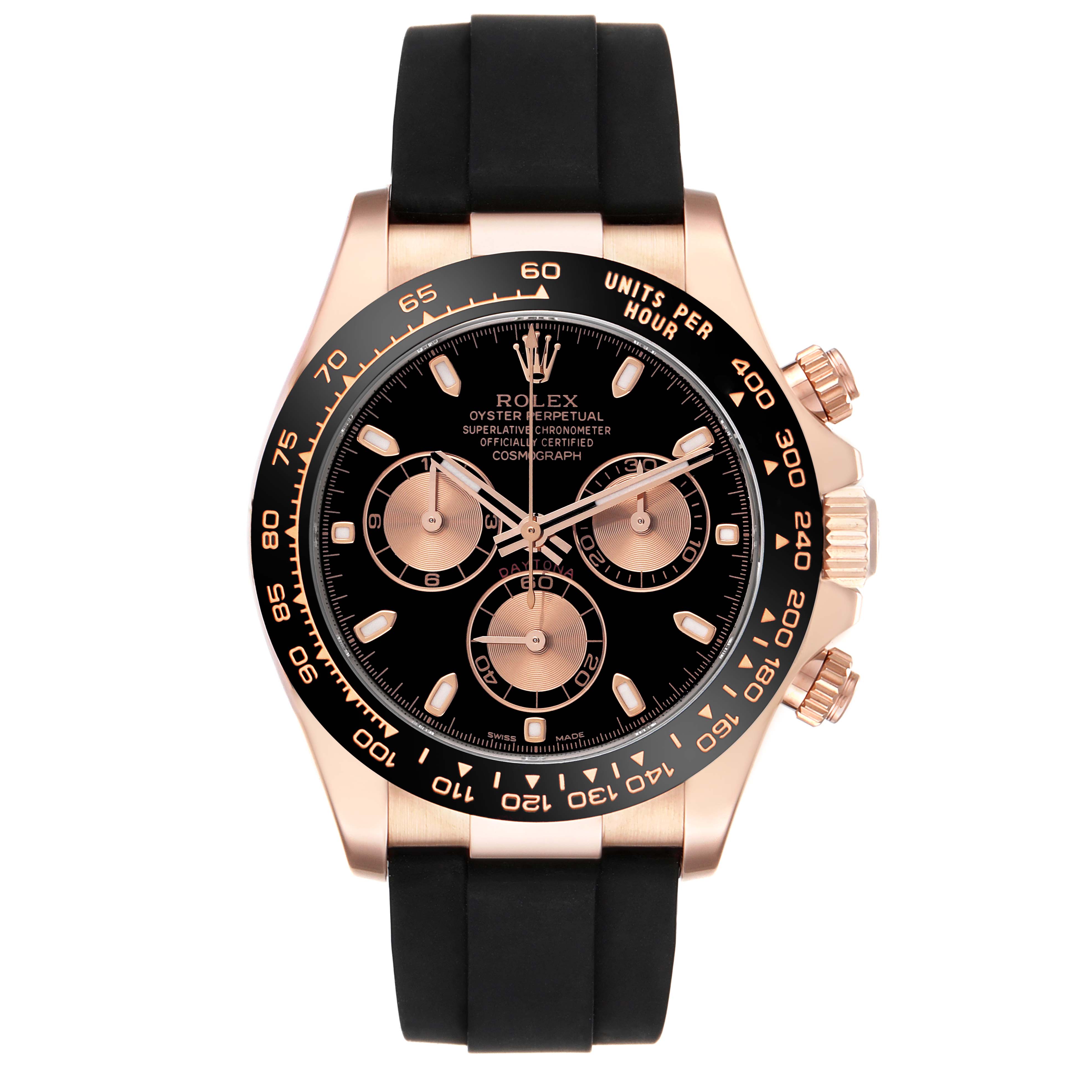 The Rolex Daytona 116515LN Men's Rose Gold Black Dial 116515LN Men's Rose Gold Black Dial watch is shown from a frontal angle, highlighting the bezel, dial, subdials, and strap.