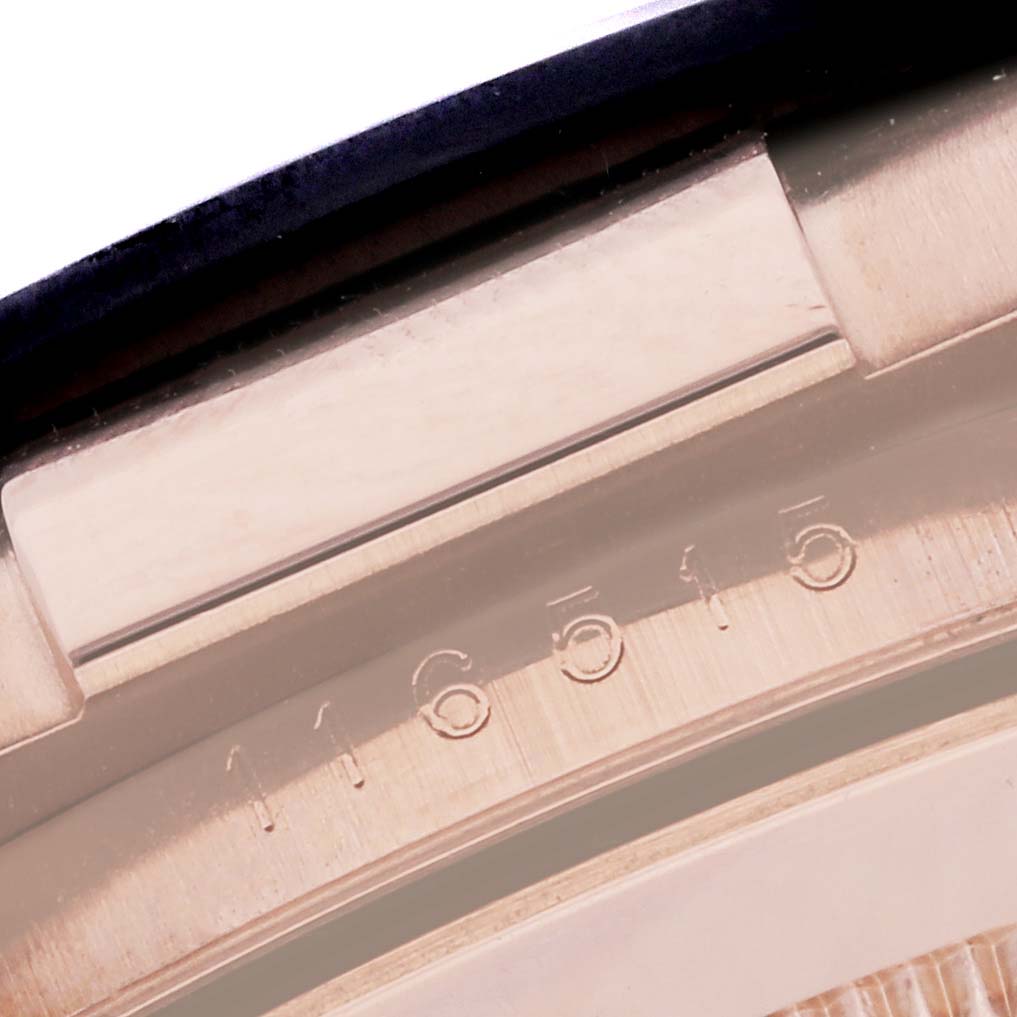 The image shows a close-up of the case edge and serial number of a Rolex Daytona 116515LN Men's Rose Gold Black Dial 116515LN Men's Rose Gold Black Dial watch.