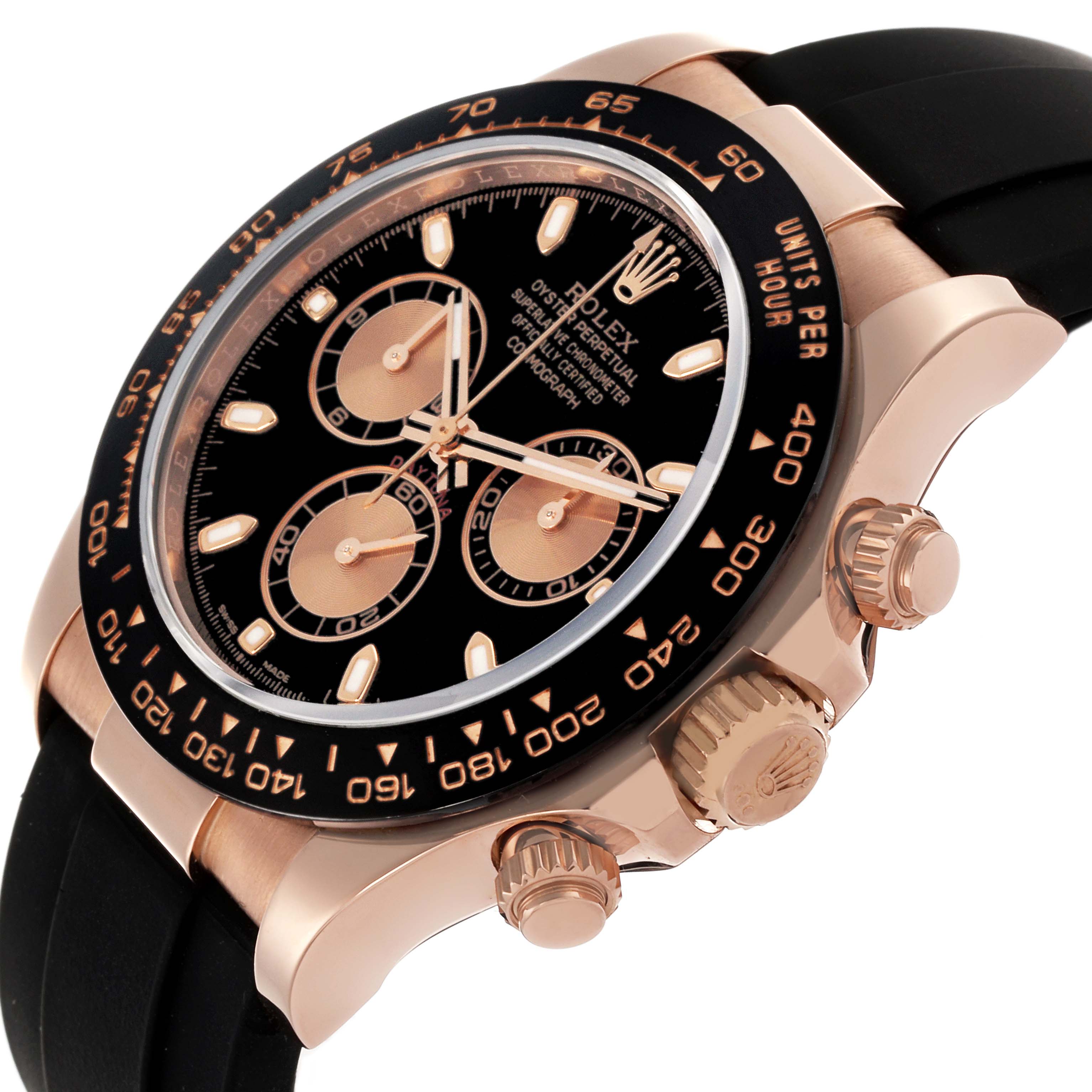 The Rolex Daytona 116515LN Men's Rose Gold Black Dial 116515LN Men's Rose Gold Black Dial watch is shown at an angle highlighting the face, bezel, and chronograph pushers.