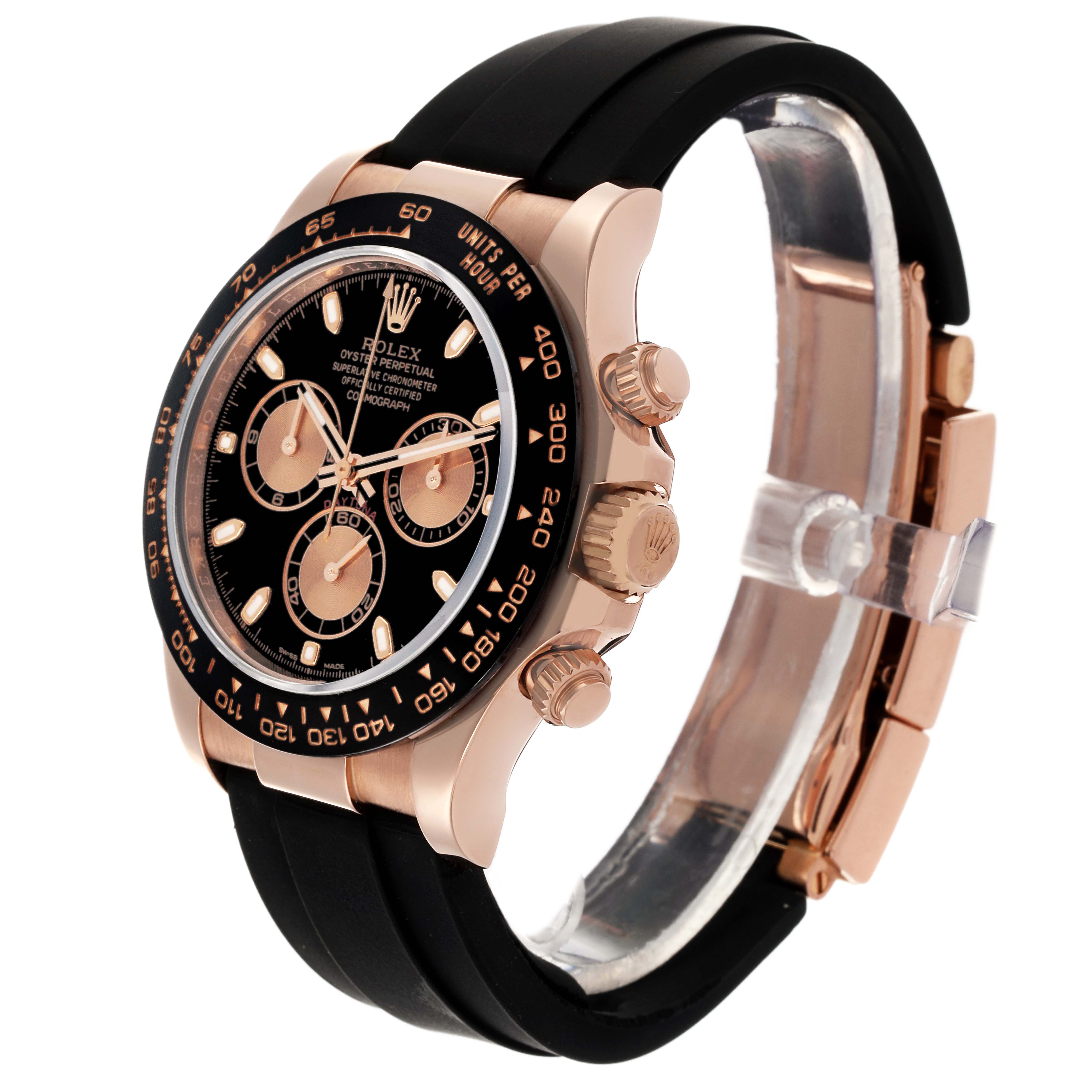 The image shows a Rolex Daytona 116515LN Men's Rose Gold Black Dial 116515LN Men's Rose Gold Black Dial watch at a three-quarter angle, highlighting the bezel, pushers, and strap.