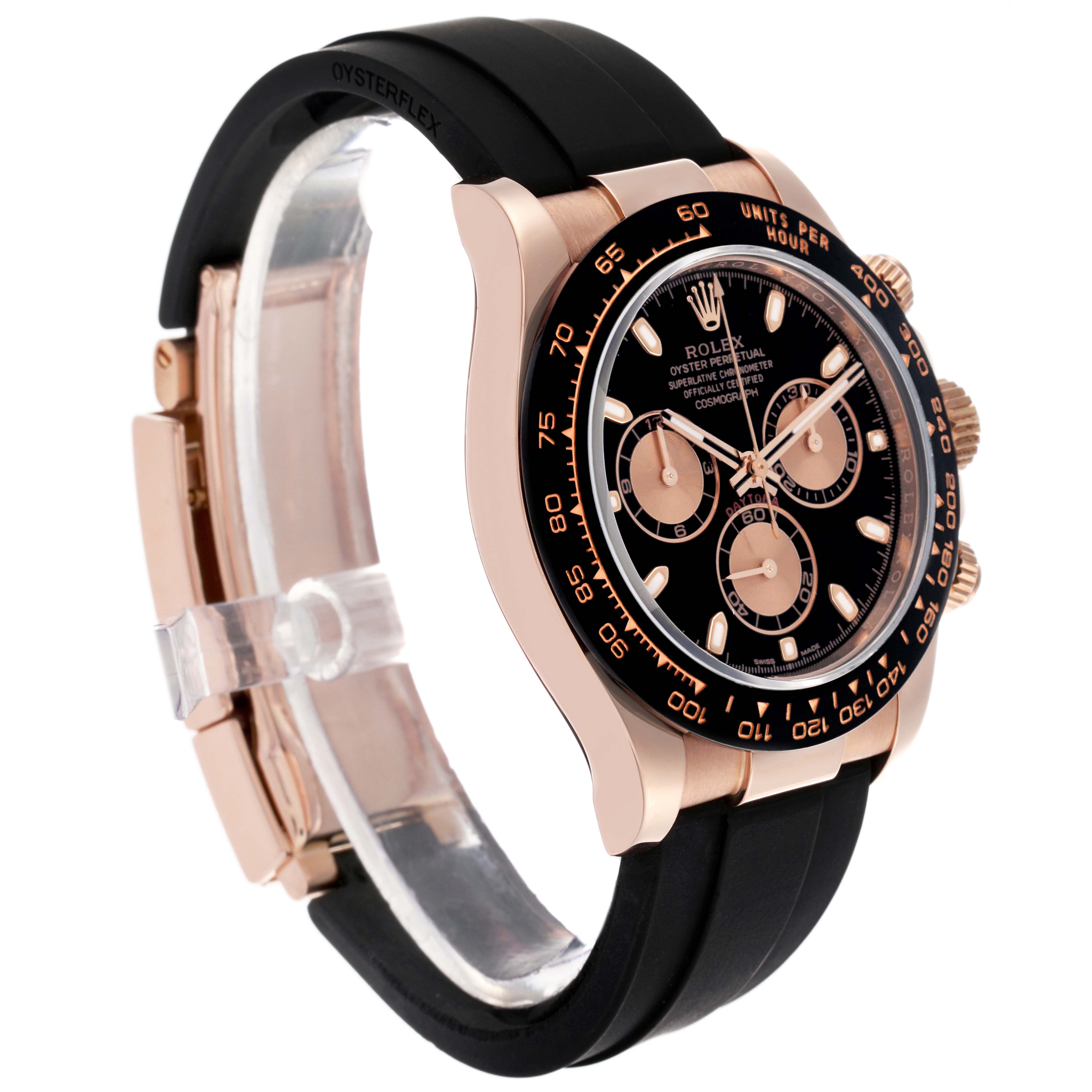 The Rolex Daytona 116515LN Men's Rose Gold Black Dial 116515LN Men's Rose Gold Black Dial watch is shown at a three-quarter angle, highlighting the case, bezel, dial, and black Oysterflex strap.