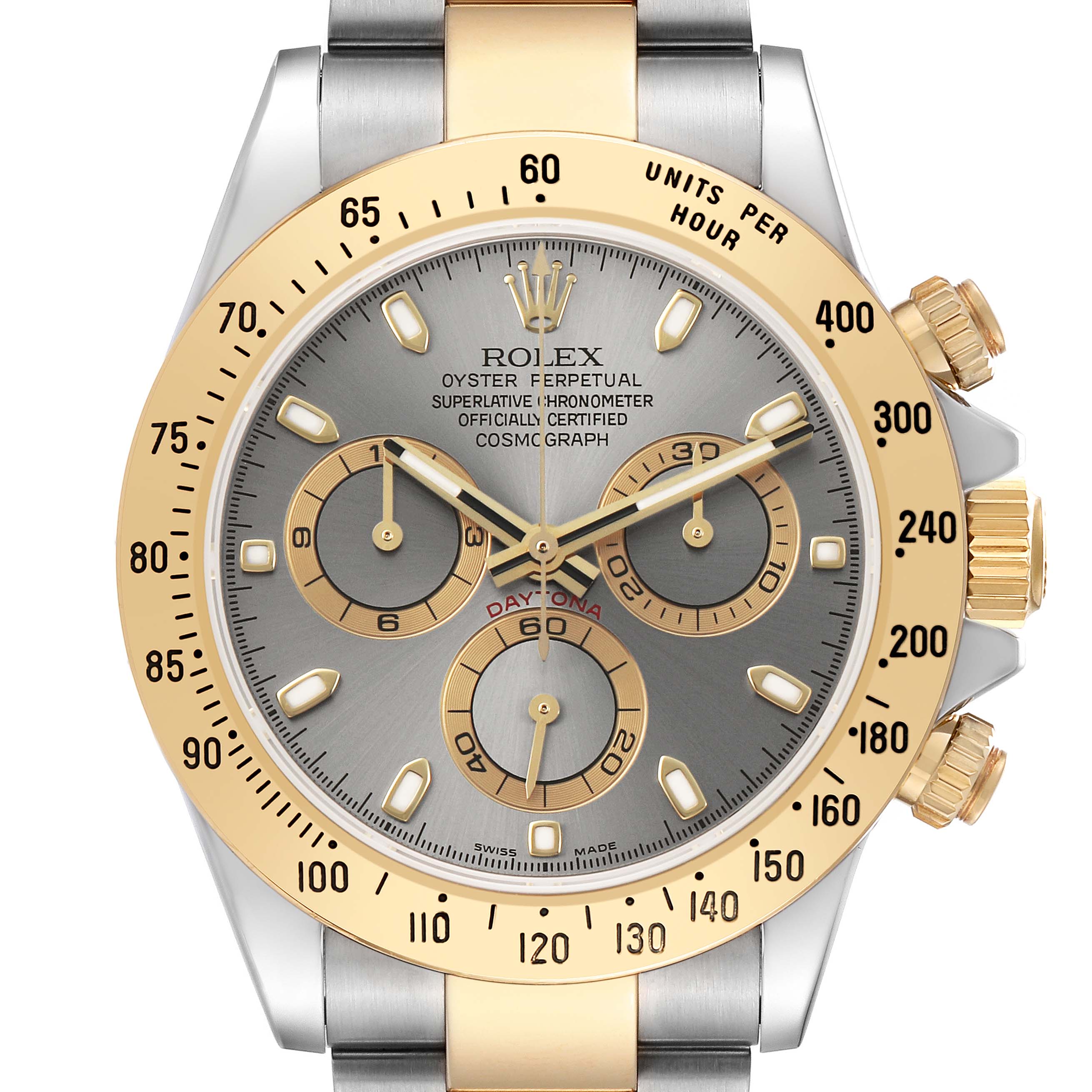 The Rolex Daytona 116523 Men's Steel and Gold (two tone) Silver Dial watch is shown from a front angle, highlighting its face, bezel, and pushers.