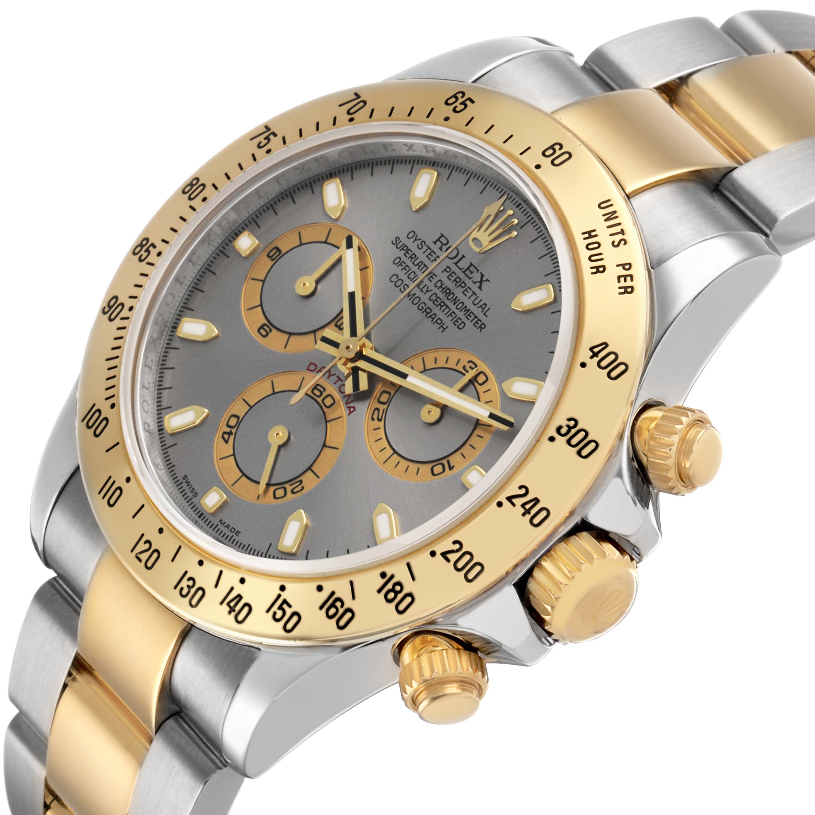 The image shows a Rolex Daytona 116523 Men's Steel and Gold (two tone) Silver Dial watch at an angled view, highlighting its bezel, crown, pushers, and bracelet.