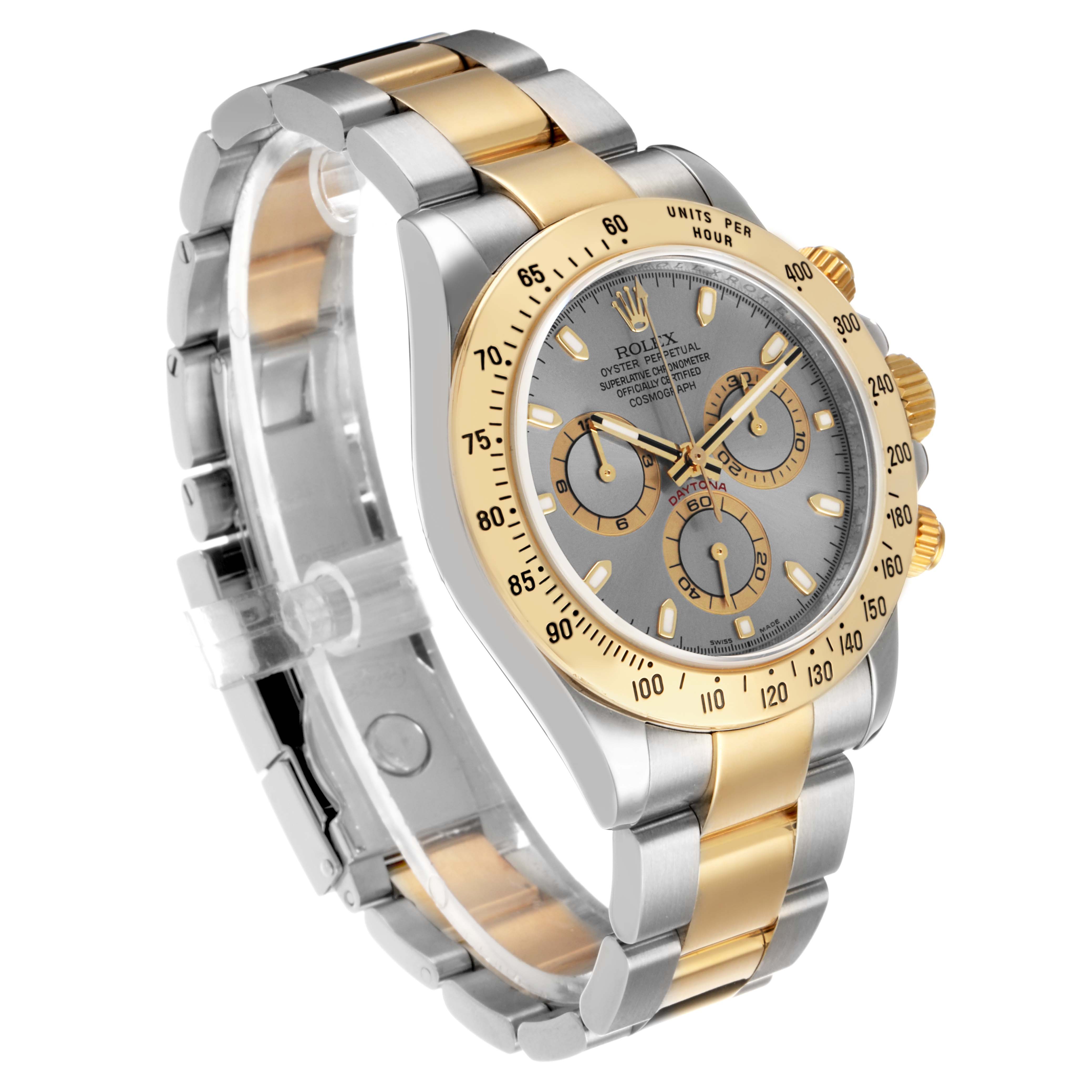 The Rolex Daytona 116523 Men's Steel and Gold (two tone) Silver Dial watch is shown at a three-quarter angle, highlighting the face, bezel, and bracelet.
