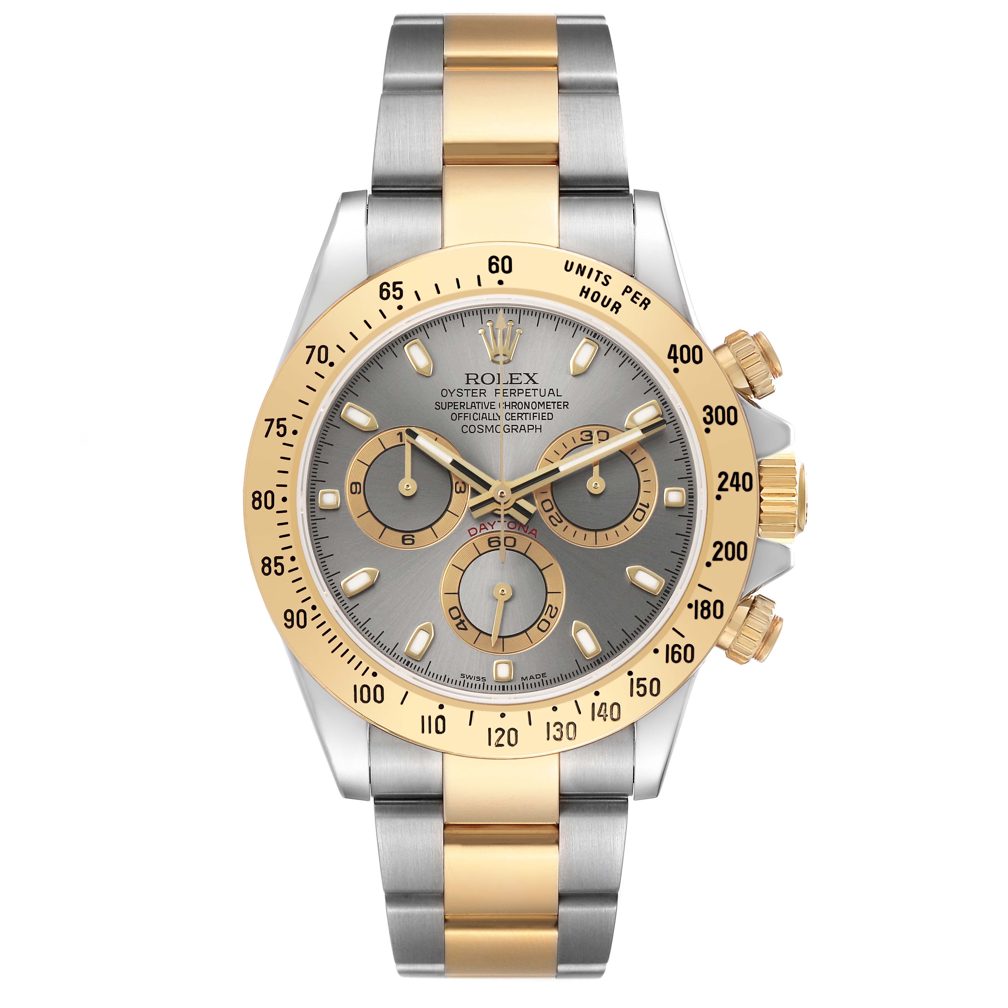 The Rolex Daytona 116523 Men's Steel and Gold (two tone) Silver Dial watch is shown from the front, highlighting the bezel, dial, pushers, and bracelet.