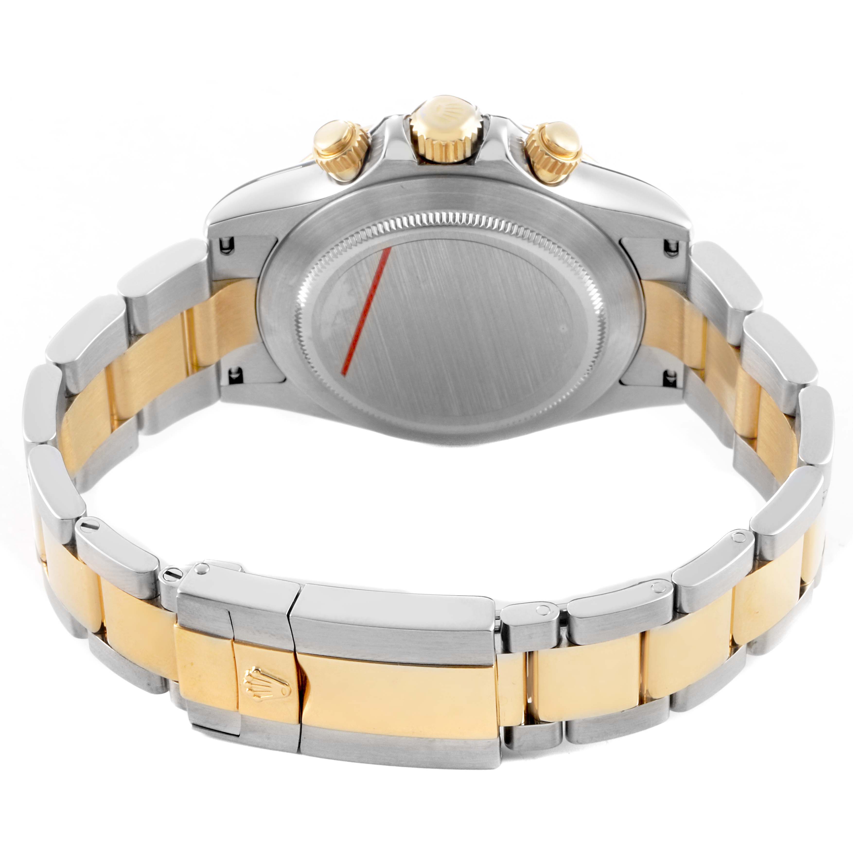 The image shows the back of a Rolex Daytona 116523 Men's Steel and Gold (two tone) Silver Dial watch, highlighting the bracelet and case back with a two-tone metal design.