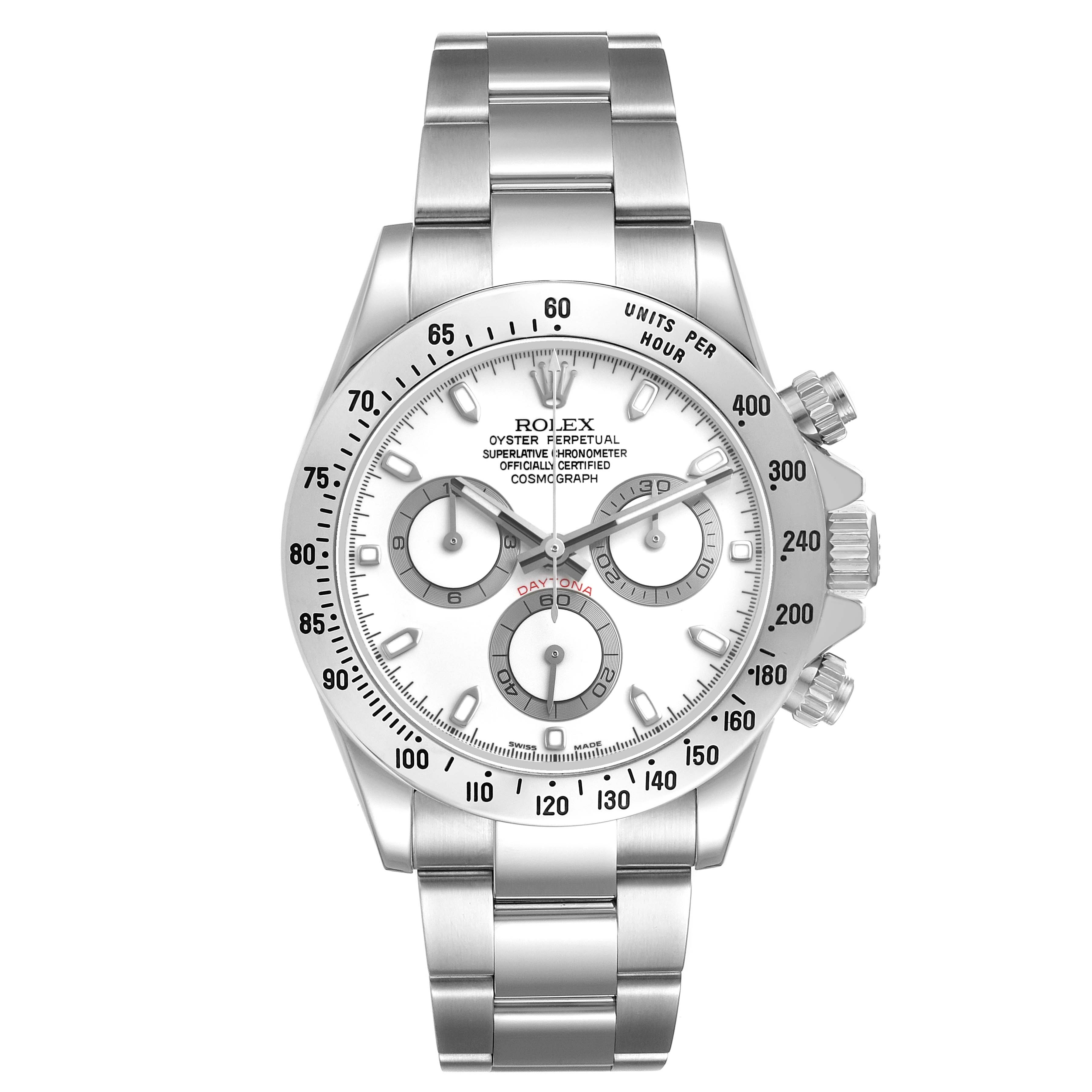The Rolex Daytona 116520 Men's Stainless Steel White Dial watch is shown from a front angle, displaying the dial, bezel, crown, pushers, and bracelet.