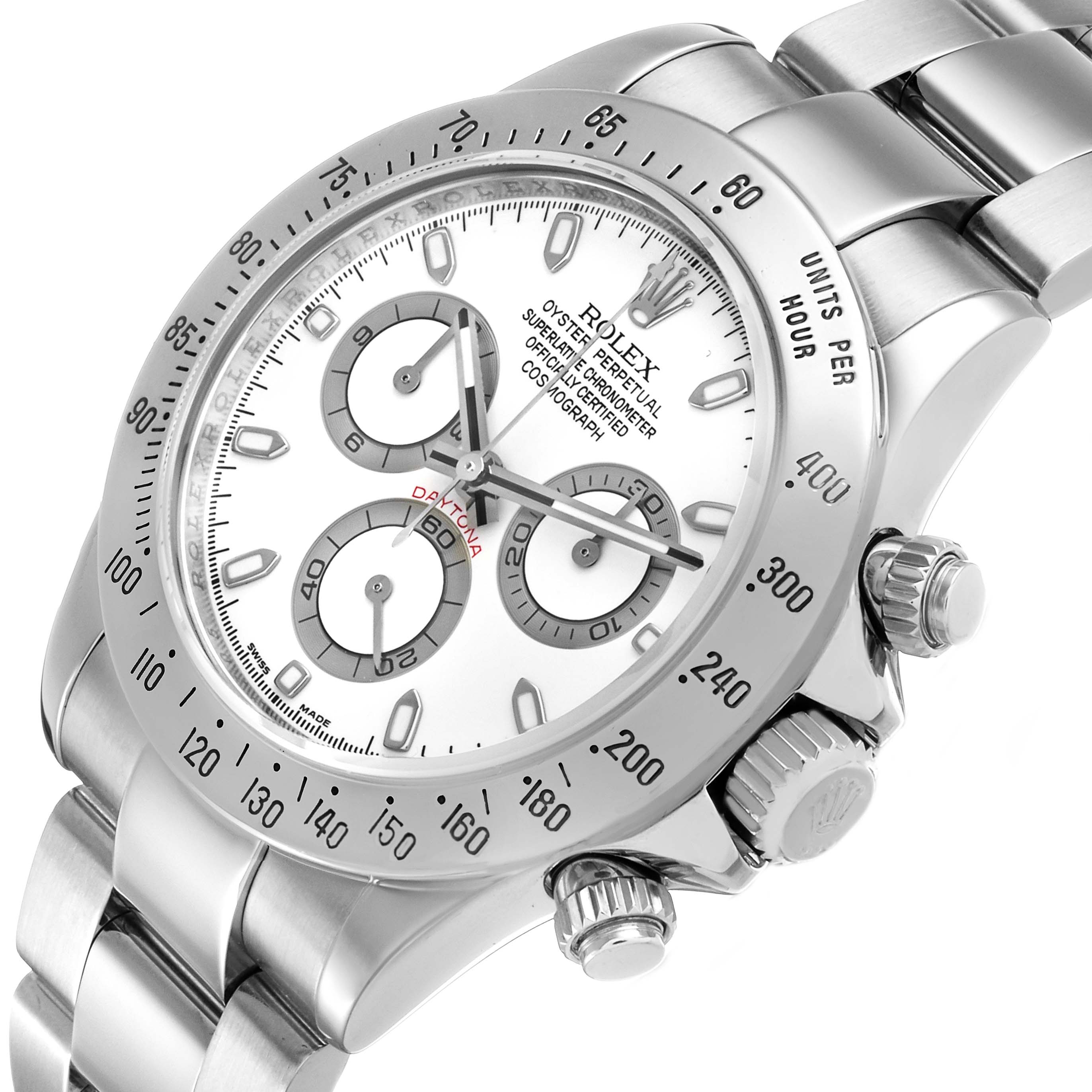 The Rolex Daytona 116520 Men's Stainless Steel White Dial watch is shown at an angled close-up, highlighting the bezel, dial, and side crown.