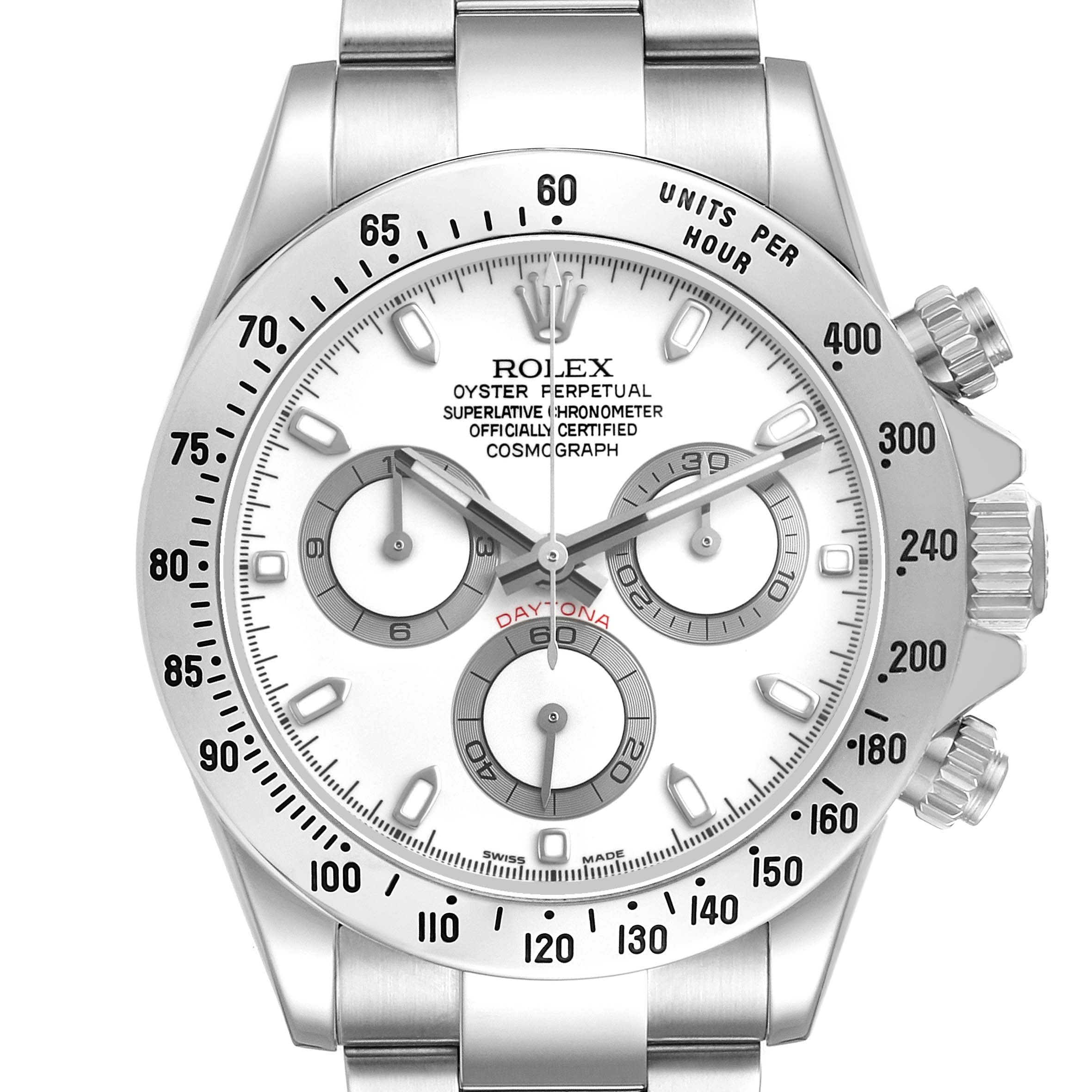 The image shows a front view of a Rolex Daytona 116520 Men's Stainless Steel White Dial watch, highlighting the dial, bezel, and chronograph subdials.