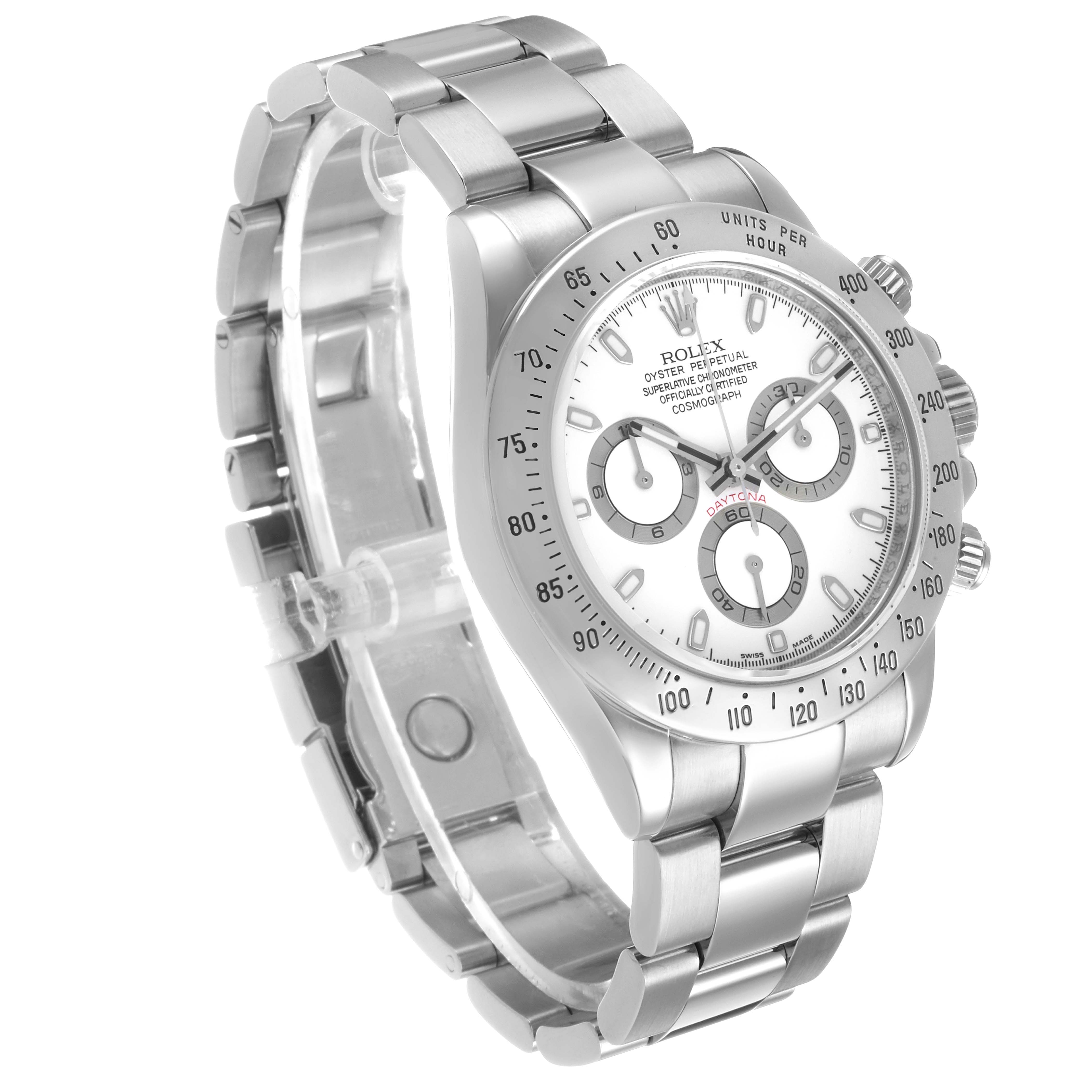 The Rolex Daytona 116520 Men's Stainless Steel White Dial watch is shown at a three-quarter angle, highlighting the face, bezel, and bracelet.