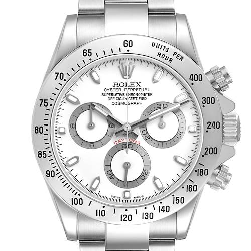 The Rolex Daytona 116520 Men's Stainless Steel White Dial watch is shown from the front, highlighting its dial, bezel, and pushers.