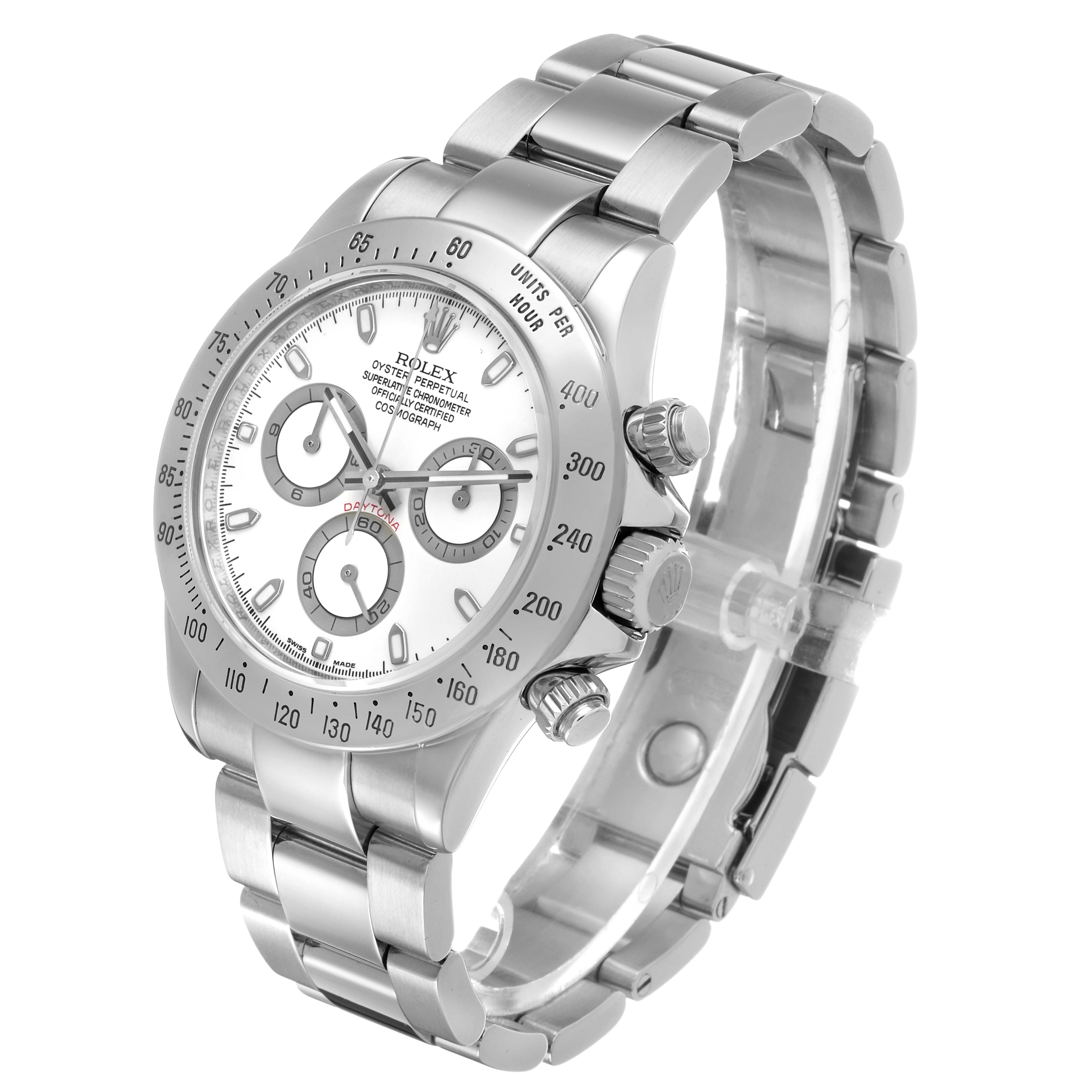 The Rolex Daytona 116520 Men's Stainless Steel White Dial watch is shown at an angled side view, highlighting the bezel, dial, and bracelet.