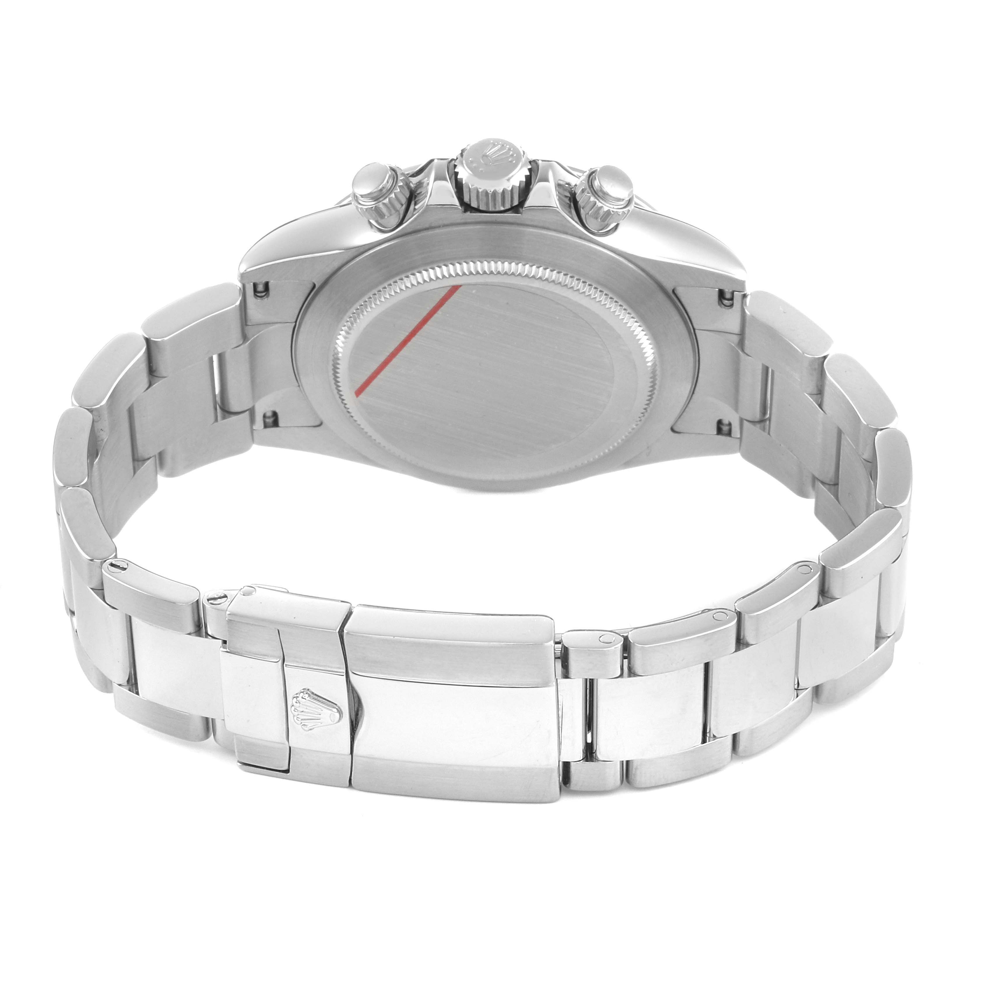 The Rolex Daytona 116520 Men's Stainless Steel White Dial watch is shown from the back, highlighting the case back, bracelet, and clasp.