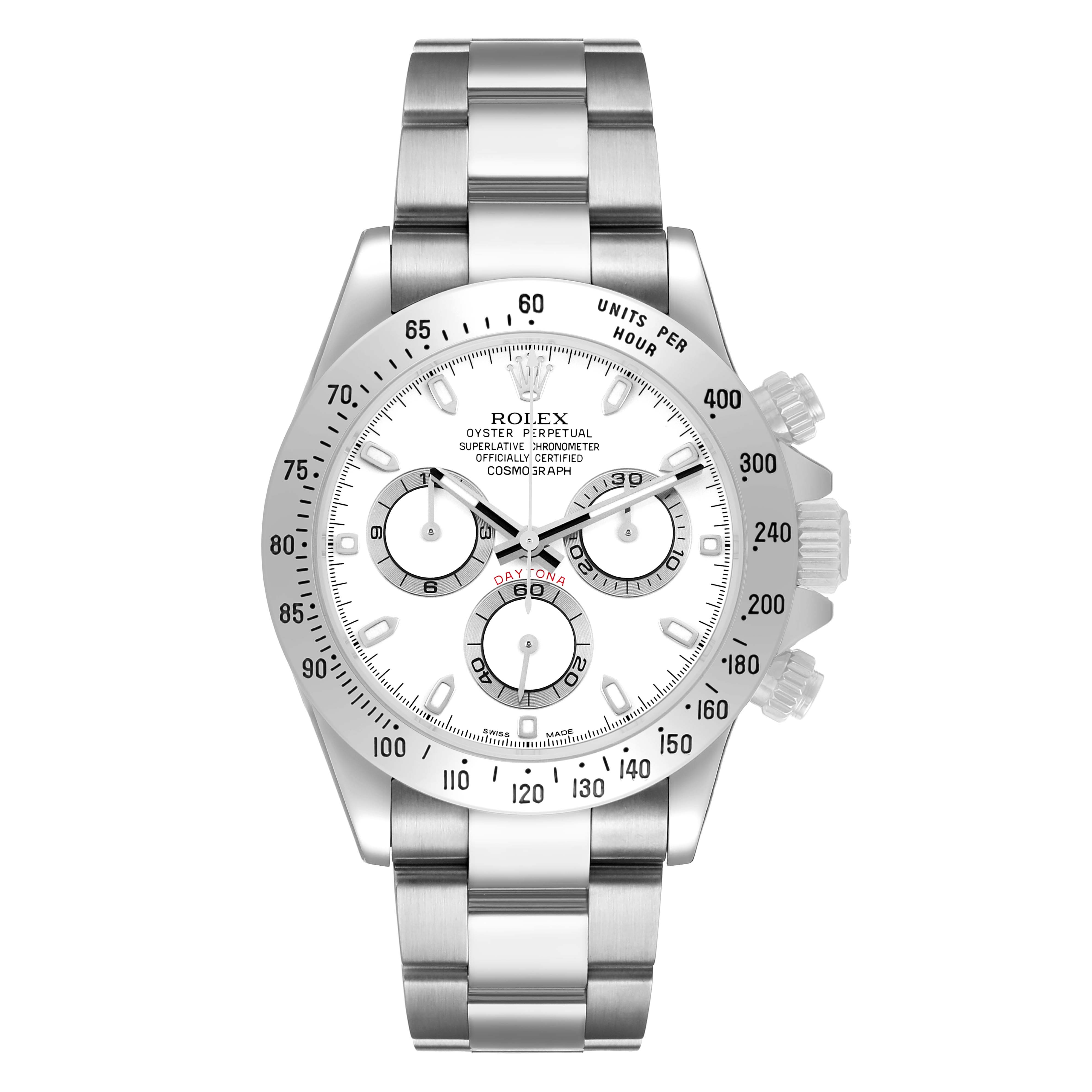 The Rolex Daytona 116520 Men's Stainless Steel White Dial watch is shown from a front angle, displaying the face, bezel, subdials, and bracelet.