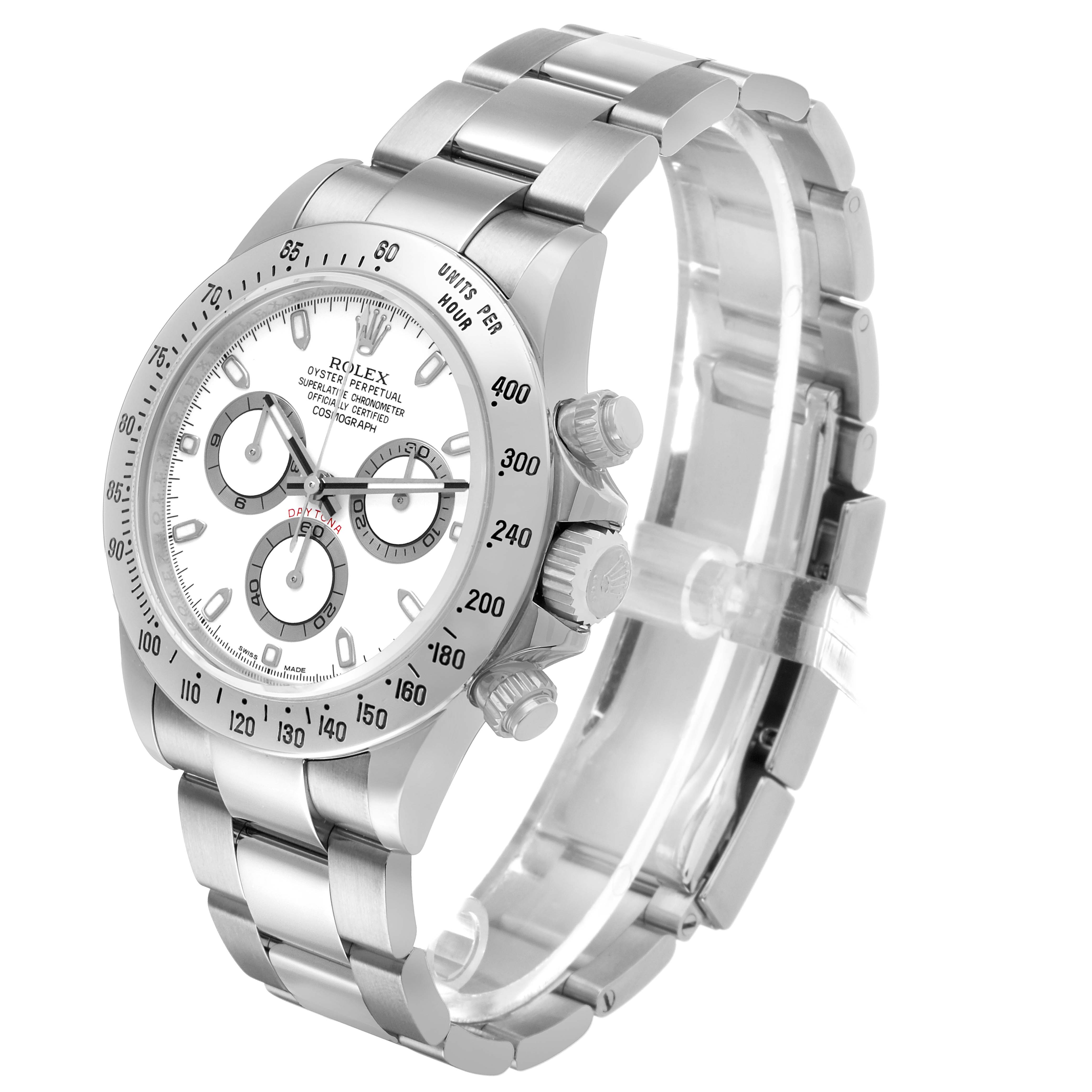 The image shows a Rolex Daytona 116520 Men's Stainless Steel White Dial watch at a three-quarter angle, highlighting the bezel, crown, case, and bracelet.