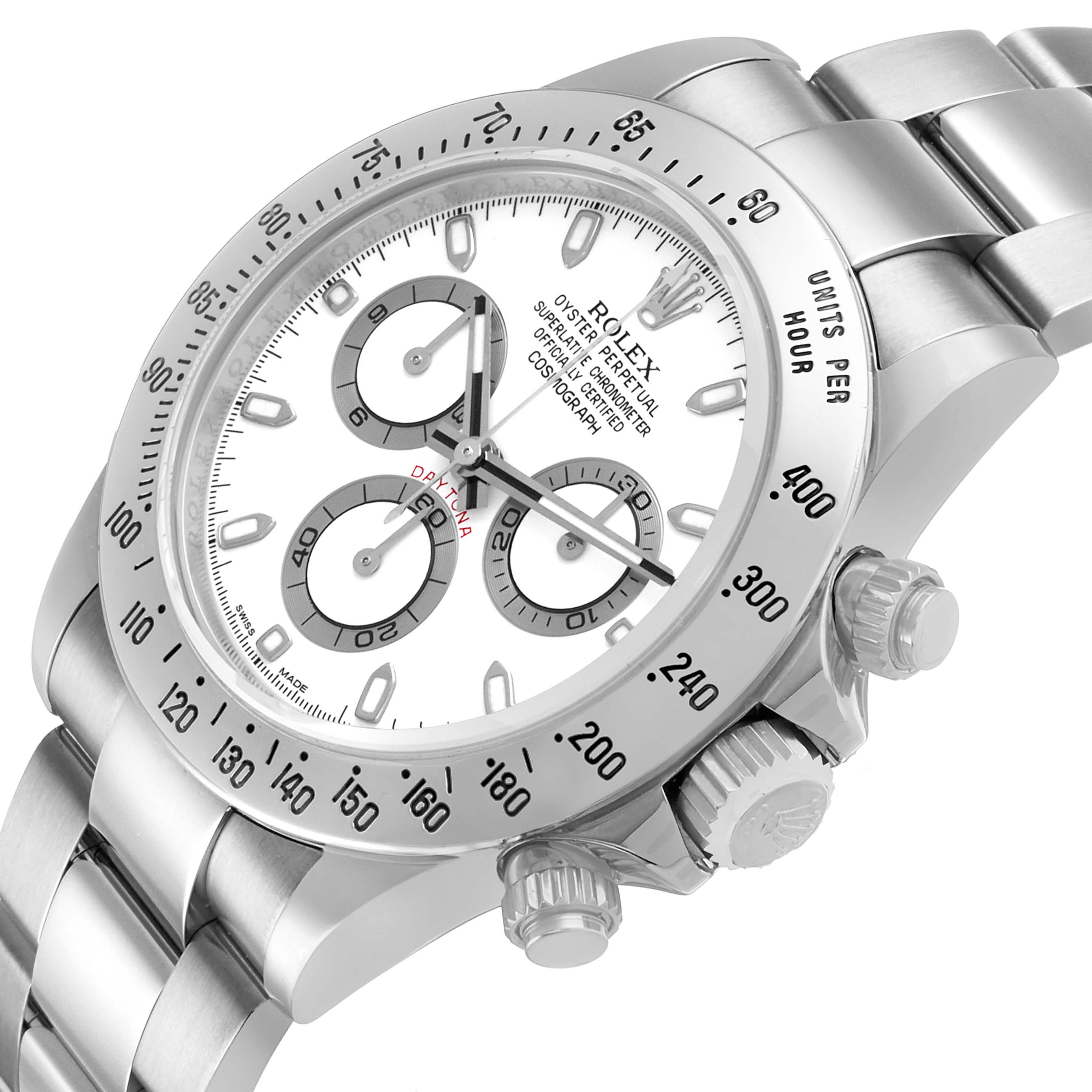The Rolex Daytona 116520 Men's Stainless Steel White Dial watch is shown at a slight angle, highlighting the dial, bezel, and crown with its pushers.