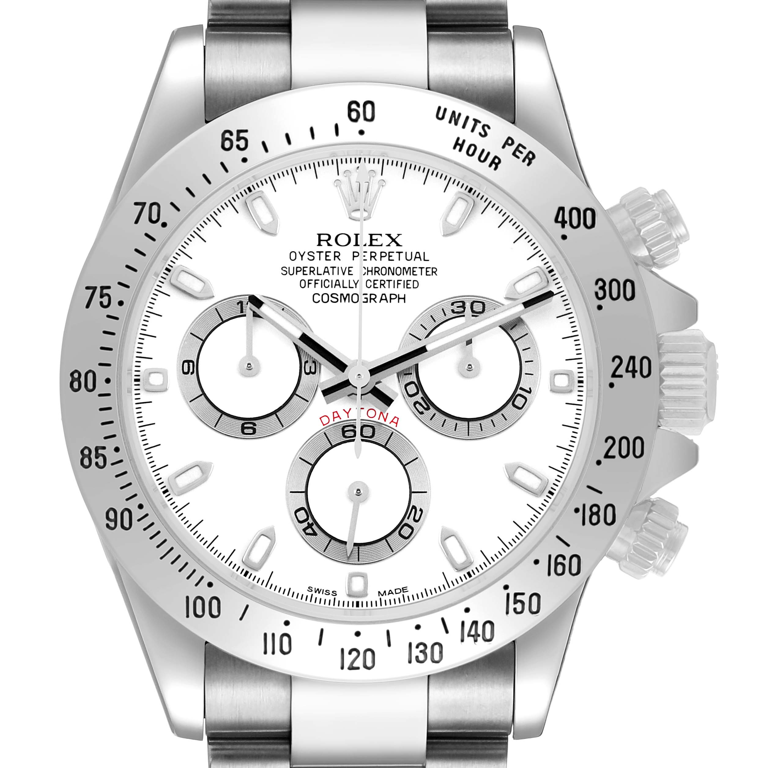The Rolex Daytona 116520 Men's Stainless Steel White Dial watch is shown from a front angle, displaying the face, bezel, pushers, and part of the bracelet.