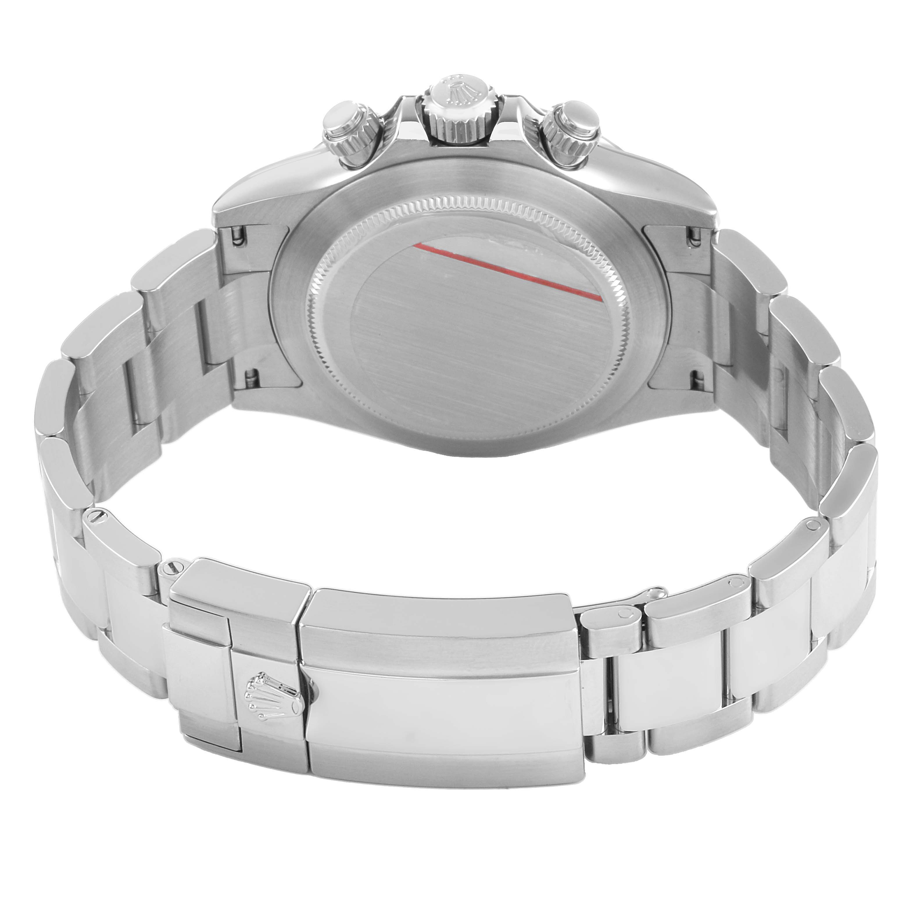 The image shows the rear angle of a Rolex Daytona 116520 Men's Stainless Steel White Dial, highlighting the case back, bracelet, and clasp.