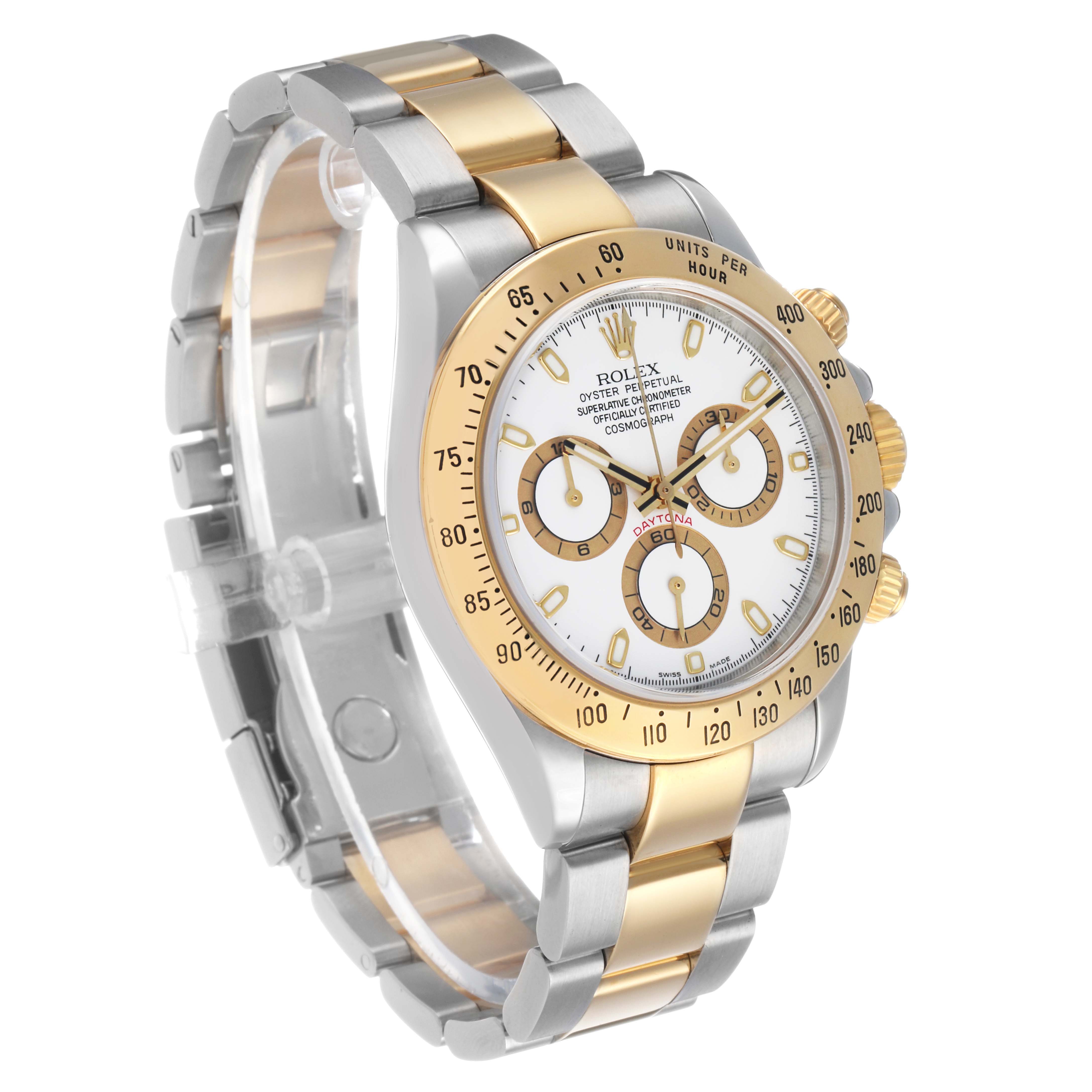 The Rolex Daytona 116523 Men's Steel and Gold (two tone) White Dial watch is shown from a three-quarter angle, highlighting the bezel, dial, and two-tone bracelet.
