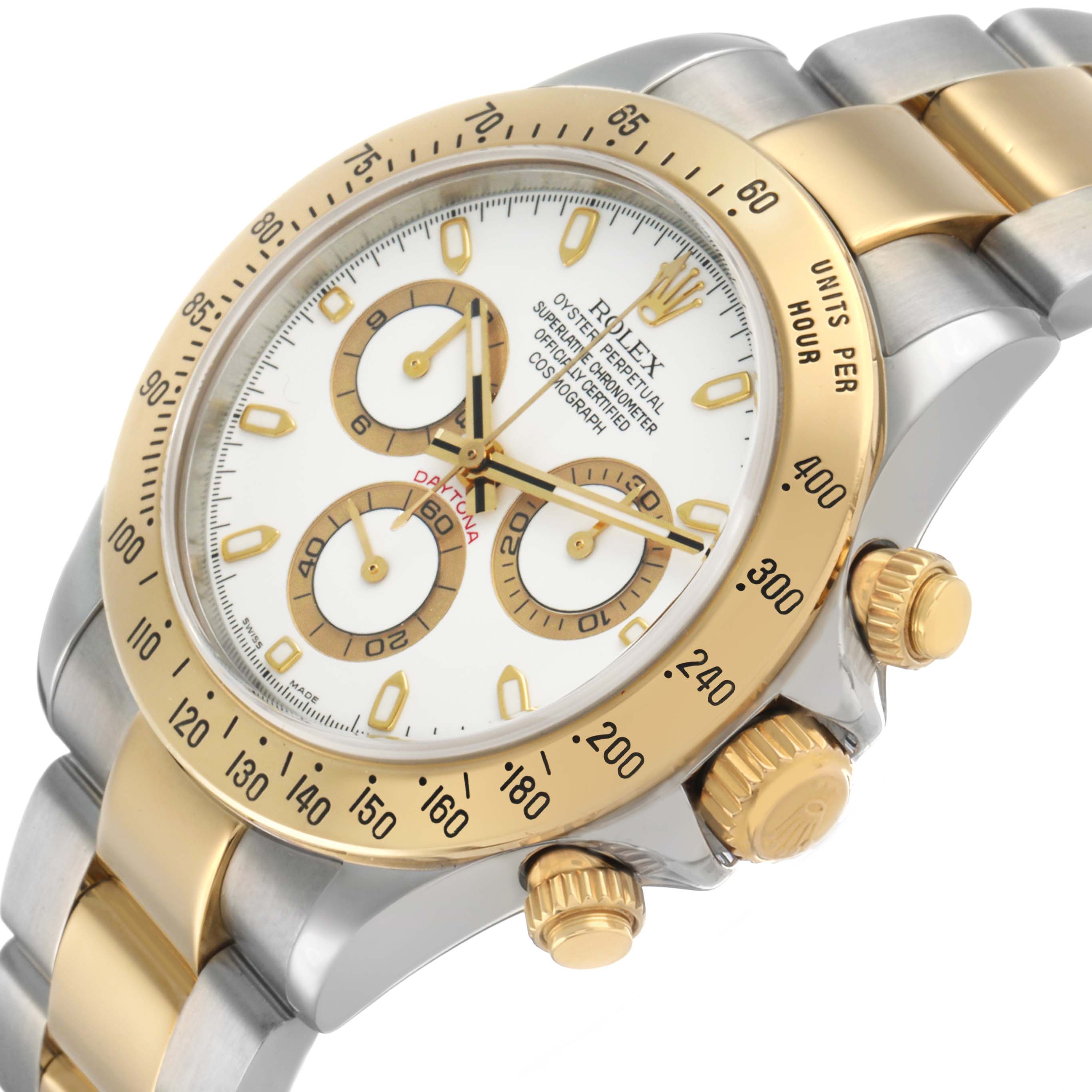 The Rolex Daytona 116523 Men's Steel and Gold (two tone) White Dial watch is shown at an angled side view, highlighting its dial, bezel, and bracelet.