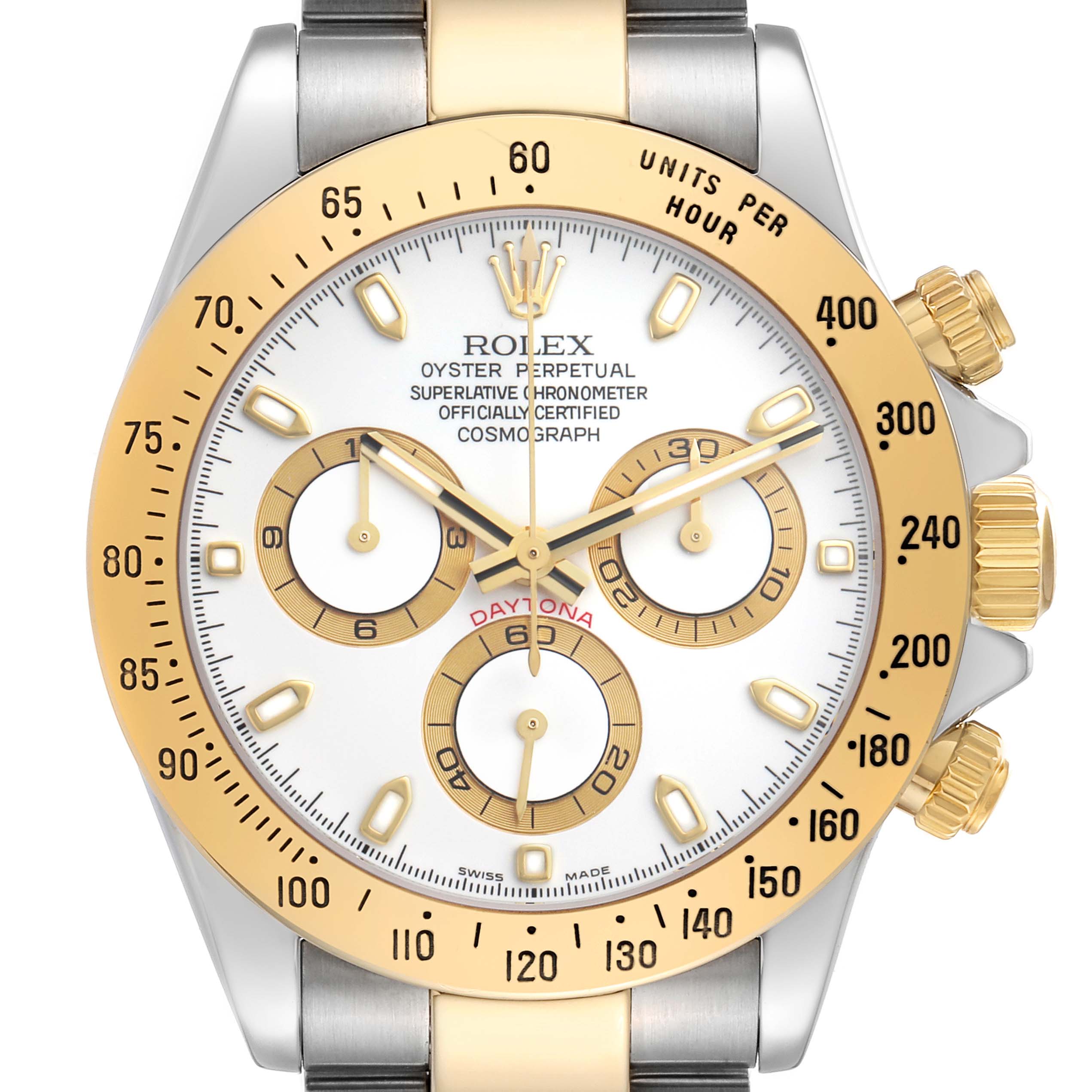 The Rolex Daytona 116523 Men's Steel and Gold (two tone) White Dial watch is shown from the front, displaying the face, bezel, sub-dials, crown, and part of the bracelet.