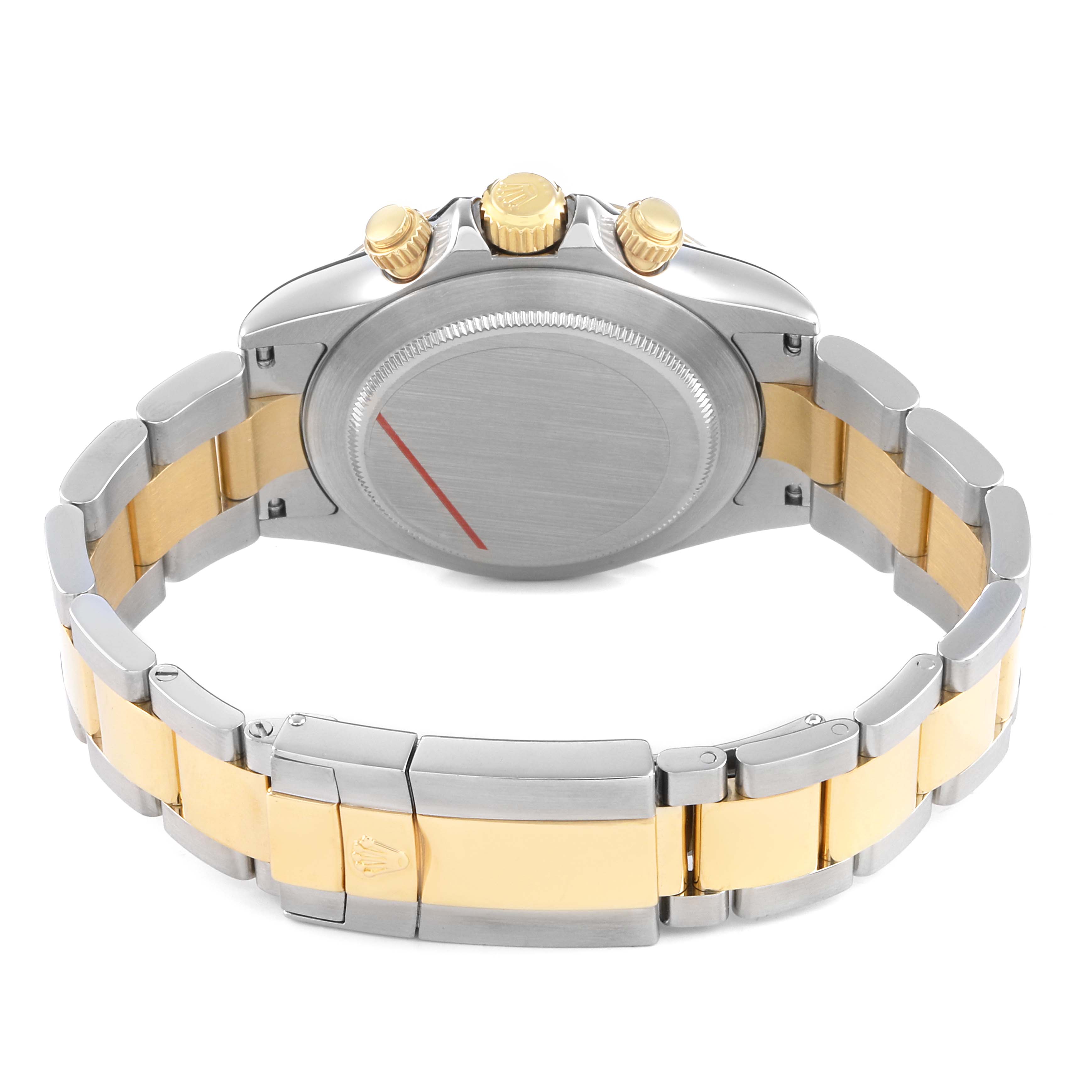 The Rolex Daytona 116523 Men's Steel and Gold (two tone) White Dial is shown from the back, highlighting the case back, crown, pushers, and two-tone bracelet.