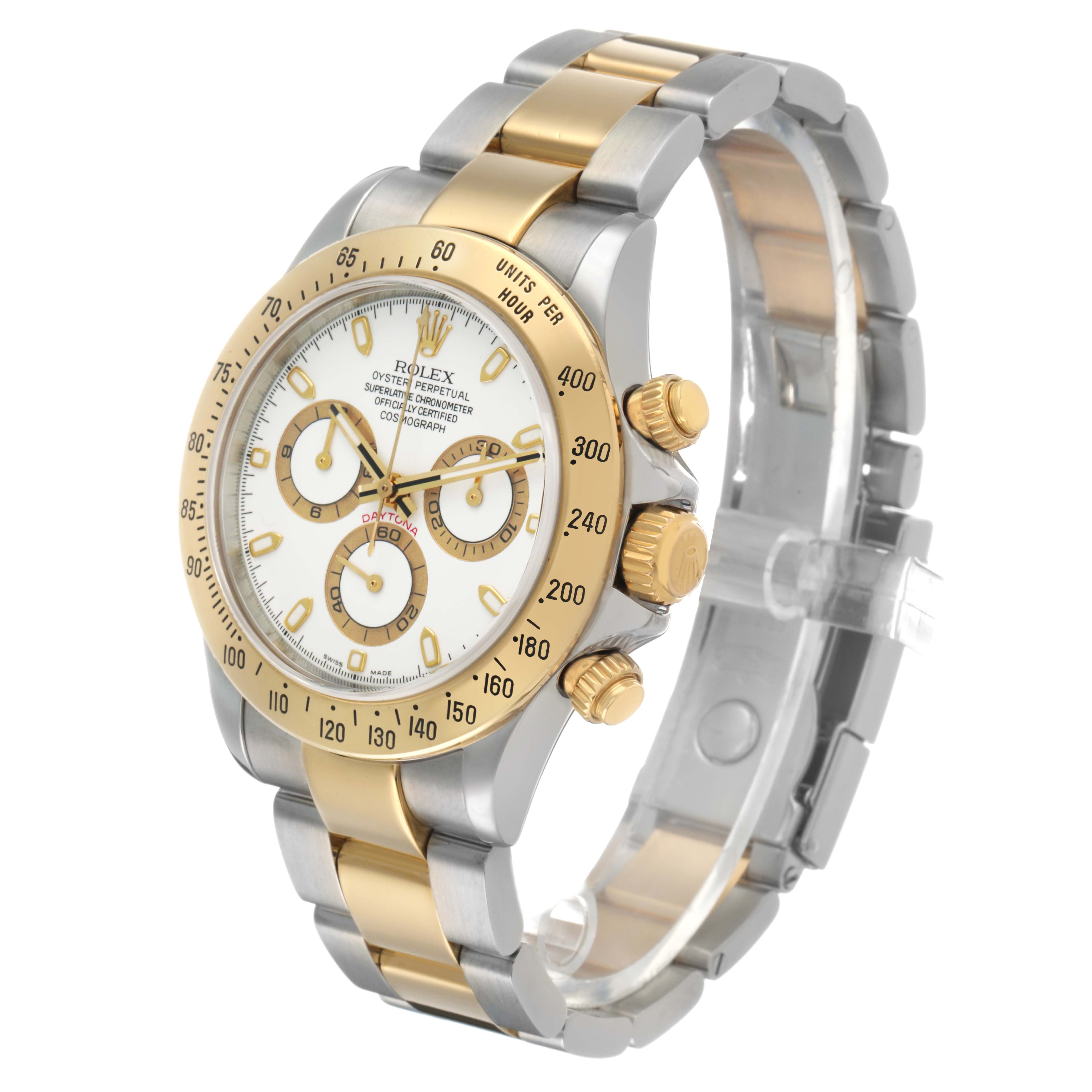 The Rolex Daytona 116523 Men's Steel and Gold (two tone) White Dial watch is shown at an angle highlighting its face, bezel, crown, pushers, and two-tone bracelet.