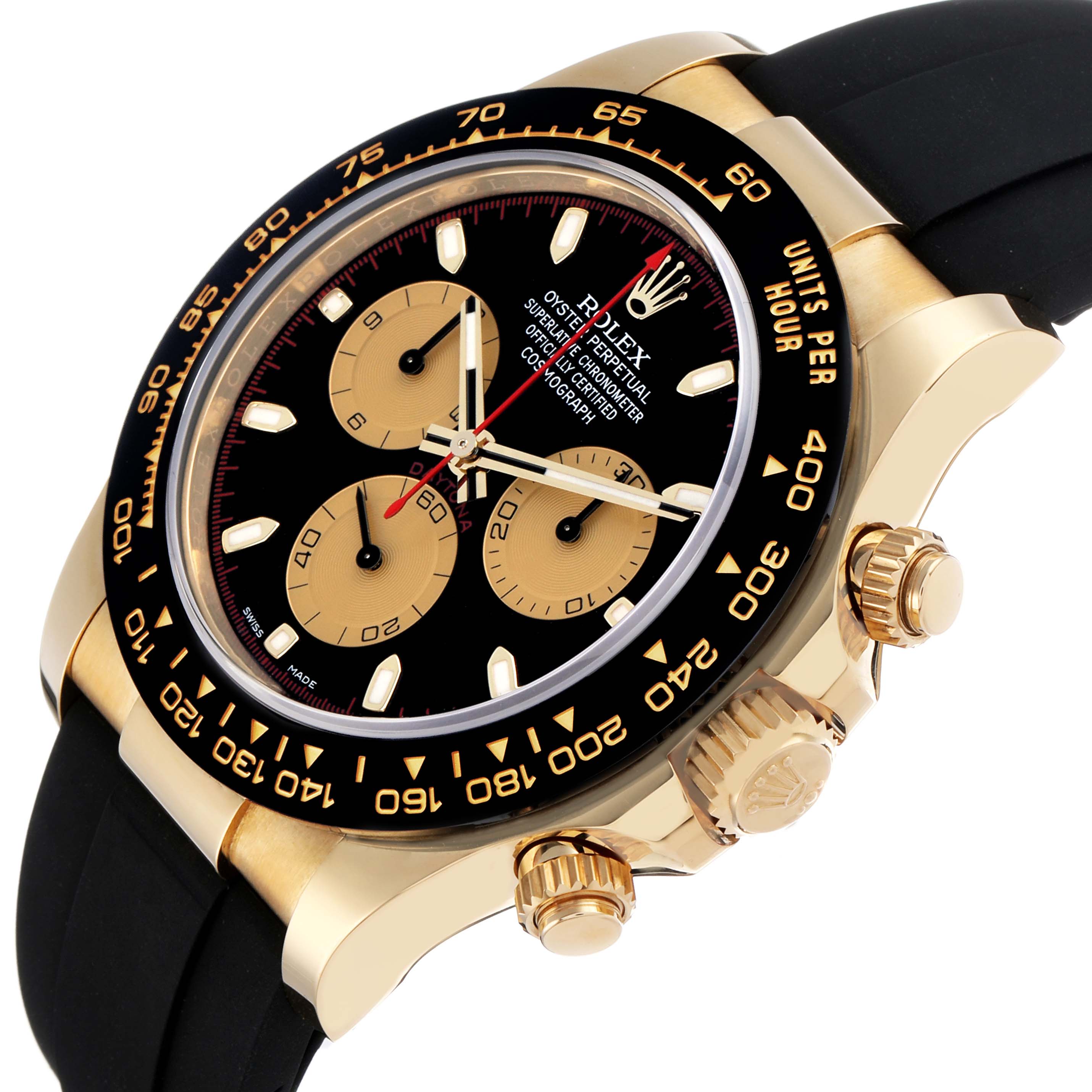 The image shows a Rolex Daytona 116518 Men's Yellow Gold Black Dial watch angled to display the dial, bezel, and crown.
