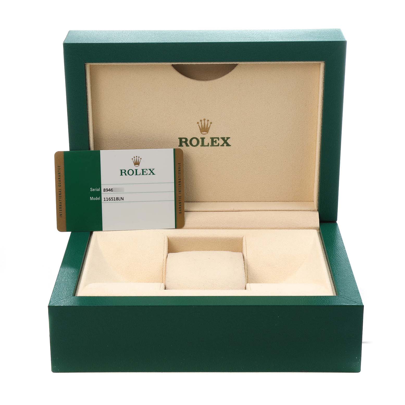 The image shows an open Rolex Daytona 116518 Men's Yellow Gold Black Dial box and warranty card, viewed from the front.