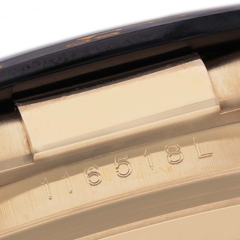 The image shows a close-up of the Rolex Daytona 116518 Men's Yellow Gold Black Dial watch case, focusing on the model number engraved on the side.