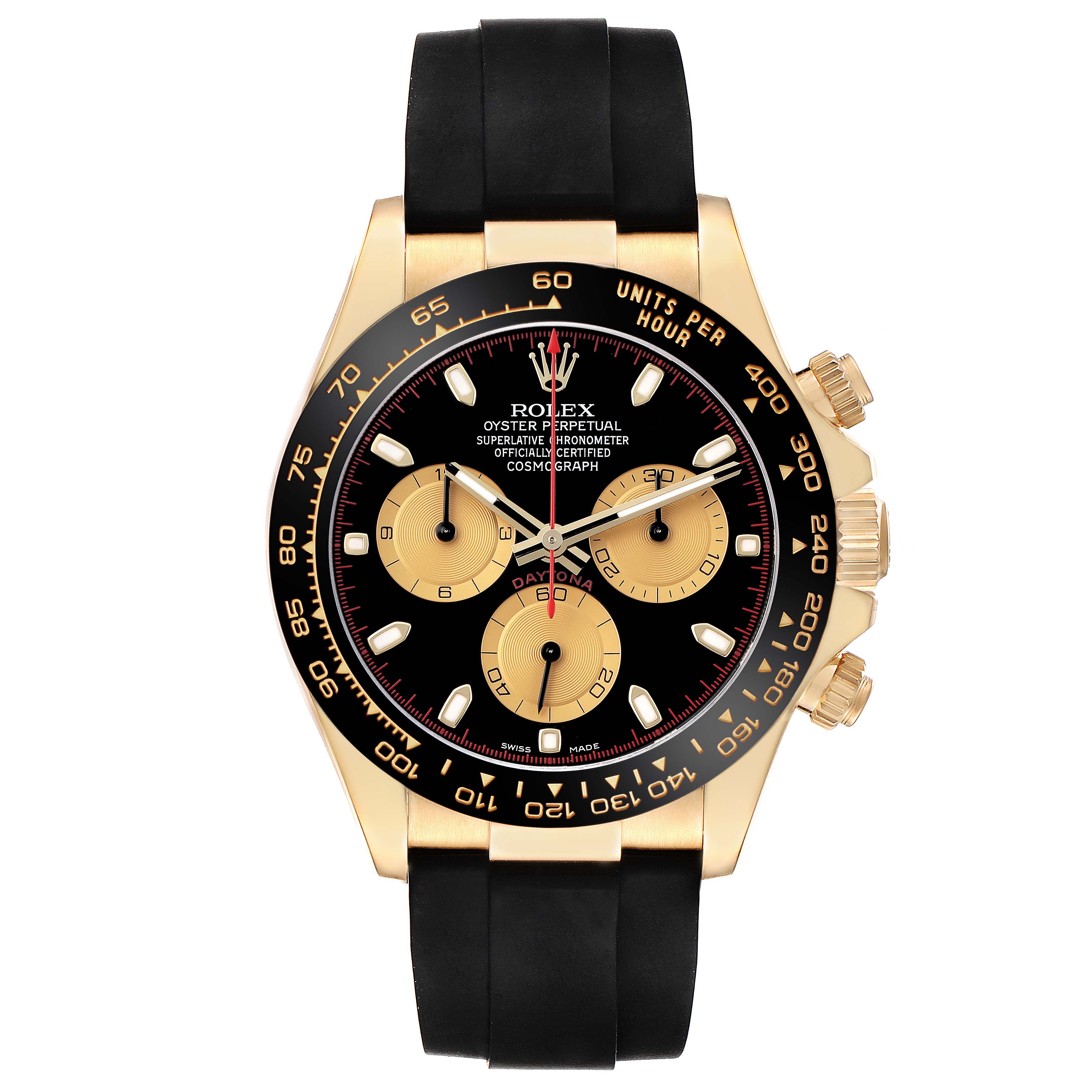 The Rolex Daytona 116518 Men's Yellow Gold Black Dial watch is shown from a front angle, highlighting the black dial, gold subdials, bezel, and pushers.