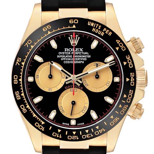 Photo of Rolex Daytona Yellow Gold Black Dial Ceramic Bezel Mens Watch 116518 Box Card