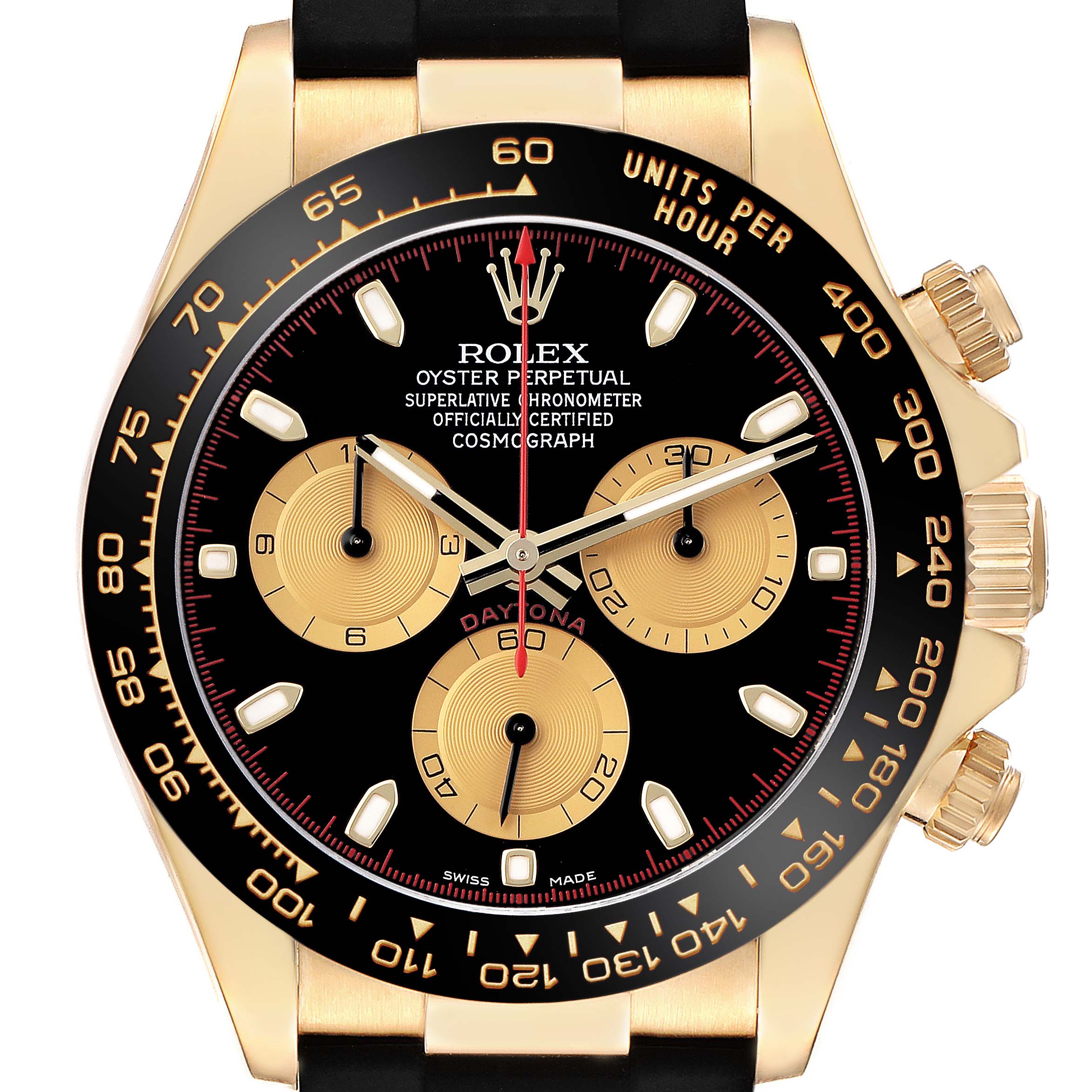 The image shows a frontal view of a Rolex Daytona 116518 Men's Yellow Gold Black Dial watch, highlighting the gold bezel, sub-dials, and crown.