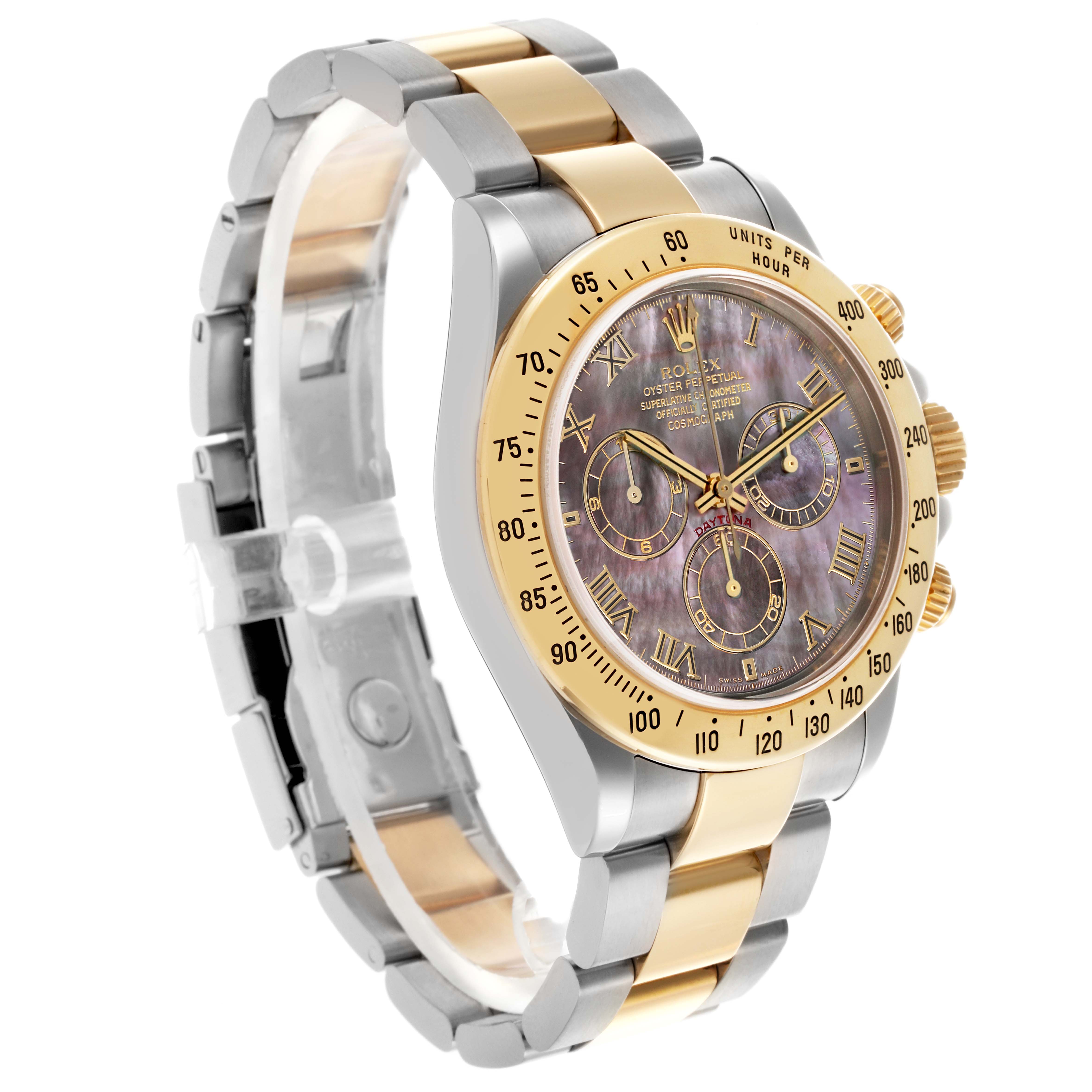 The Rolex Daytona 116523 Men's Steel and Gold (two tone) Mother of Pearl Dial 116523 Men's Steel and Gold (two tone) Mother of Pearl Dial watch is shown at a three-quarter angle, highlighting its bezel, dial, and bracelet.