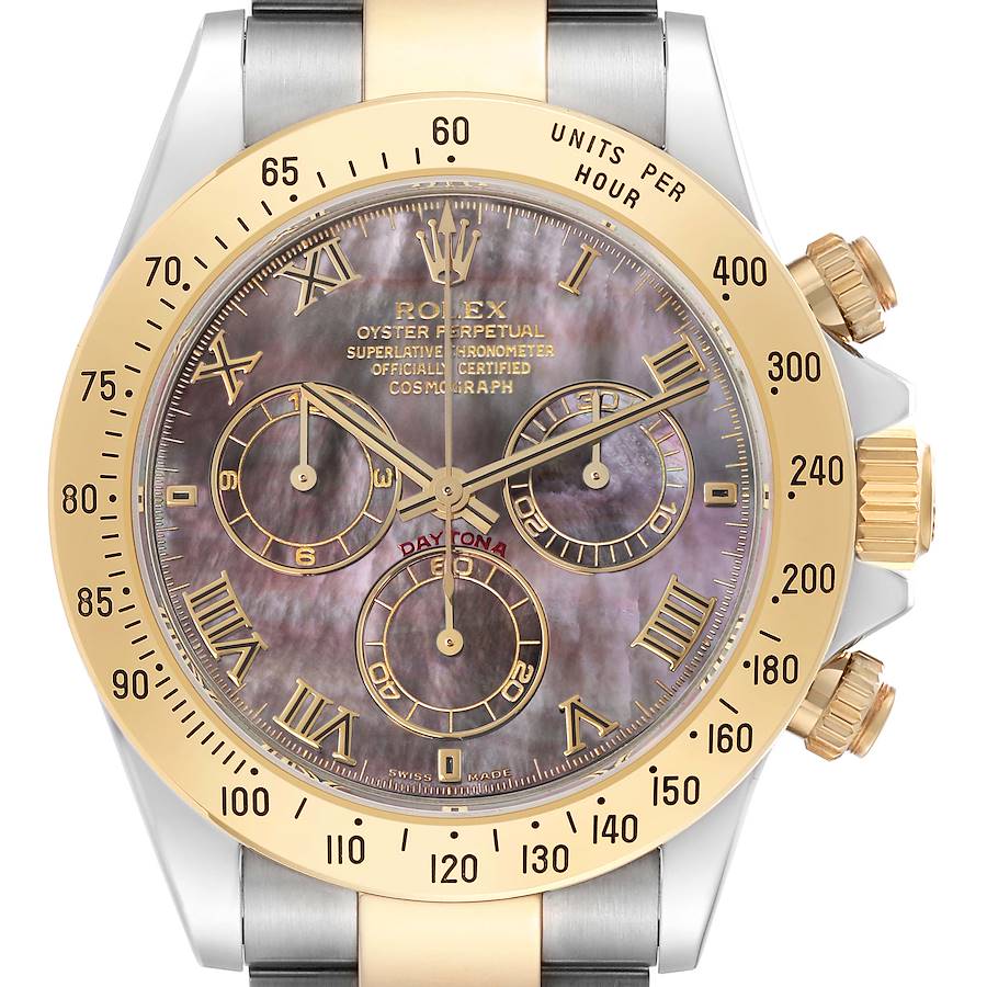 The Rolex Daytona watch is shown from the front, displaying the dial, bezel, and pushers prominently.