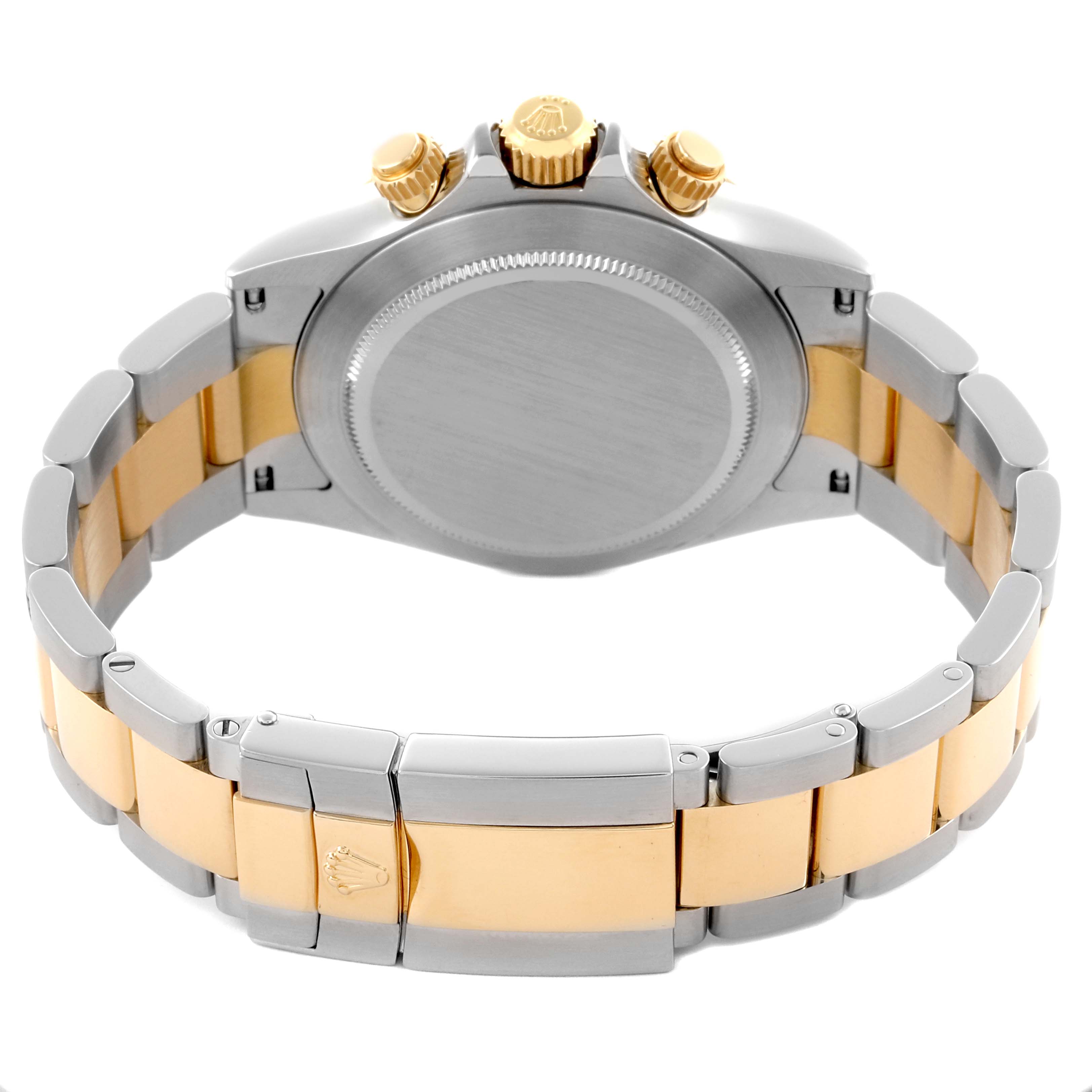 The image shows the back and bracelet of a Rolex Daytona 116523 Men's Steel and Gold (two tone) Mother of Pearl Dial 116523 Men's Steel and Gold (two tone) Mother of Pearl Dial, highlighting the clasp and crown in a two-tone metal finish.