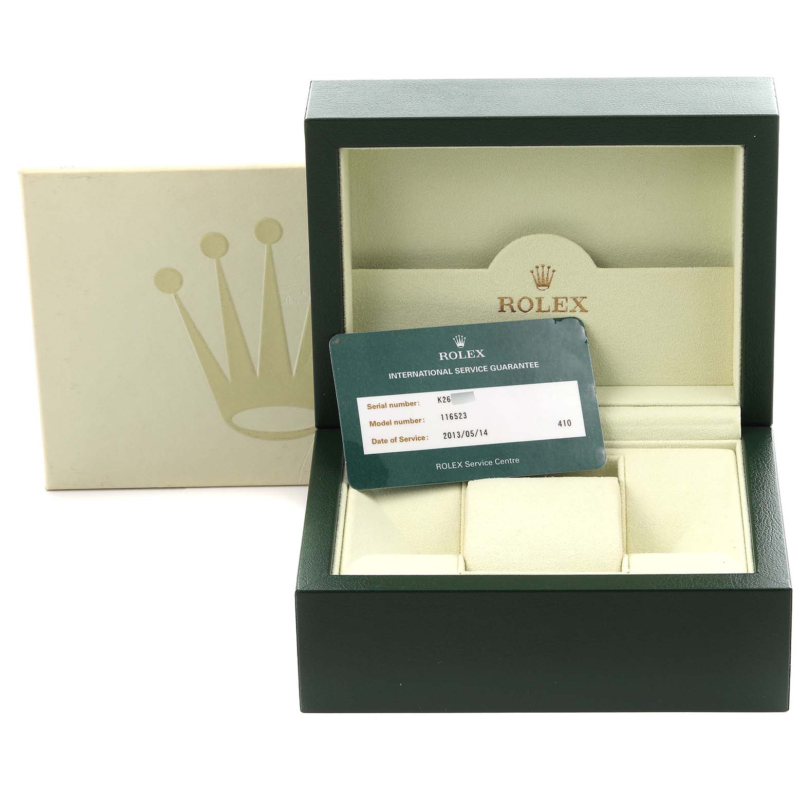 The image shows a Rolex Daytona 116523 Men's Steel and Gold (two tone) Mother of Pearl Dial 116523 Men's Steel and Gold (two tone) Mother of Pearl Dial watch box, international service guarantee card, and outer packaging, viewed from the front.